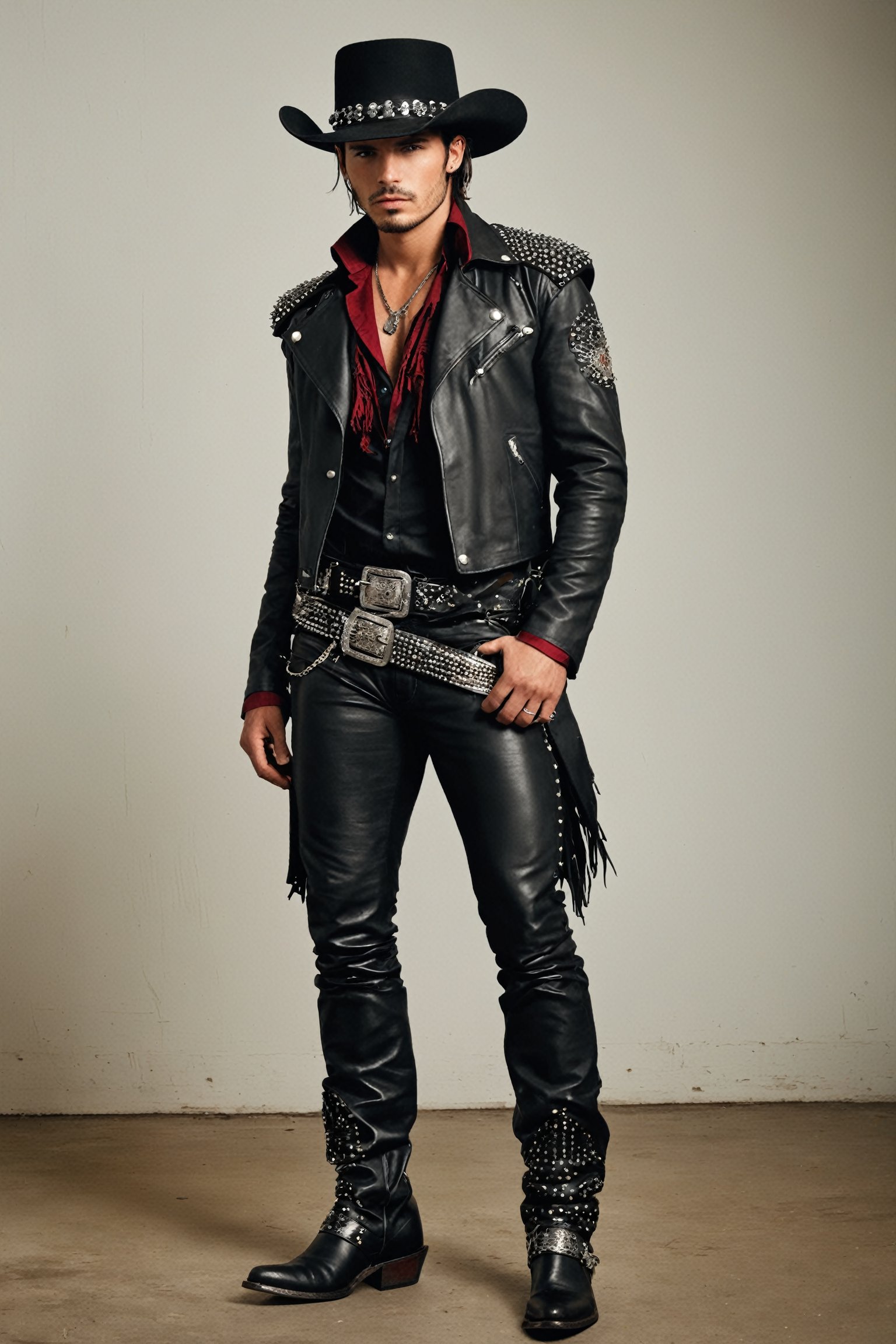 dandy man,  in a Gothic punk-inspired cowboy outfit,  He wears a black wide-brimmed cowboy hat with silver studs and a dar...