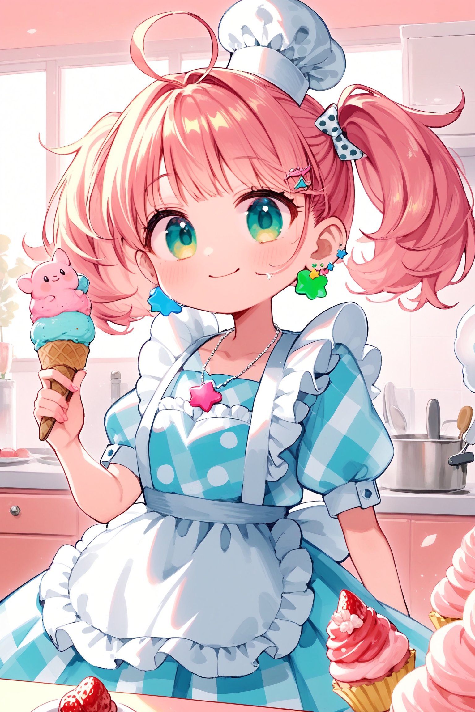 1girl,vtuber anime character design,
adorably kawaii girl cooking in a pastel pink kitchen. She wears a puffy-sleeved dress with a heart-patterned, frilly gingham apron in baby blue and white. Her rosy cheeks dimple as she smiles sweetly, eyes sparkling like stars. Fluffy pigtails tied with oversized polka-dot bows bounce as she stirs a bowl. Colorful, star-shaped sprinkles float magically around her. She wears strawberry-shaped earrings and a cupcake necklace. The kitchen is decorated with smiling anthropomorphic utensils and appliances. A happy sun peeks through heart-shaped windows. Pastel rainbow-colored cupcakes cool on the counter. Tiny, kawaii animals in chef hats assist her,

LOVE+PIECE+ICECREAM! The fancy I'm looking for all over the world Holding a sweet,
 melting miracle in your hands LOVE...CHOP!! ,
L・O・V・E・&・P・E・A・C・E・& Our HOT and COOL DIVA！,
HEY! You KNOW! Ice cream! How great! Mellow and Glow LIKE A Fever！
 Kissable and solid flavor！,
 fighting is NO-GOOD!
 Topping strawberry with love Boring! 
The important thing is These are the three things I'm going to tell you!,………LOVE+PIECE+ICECREAM！
,anime style,anime girl,future0615