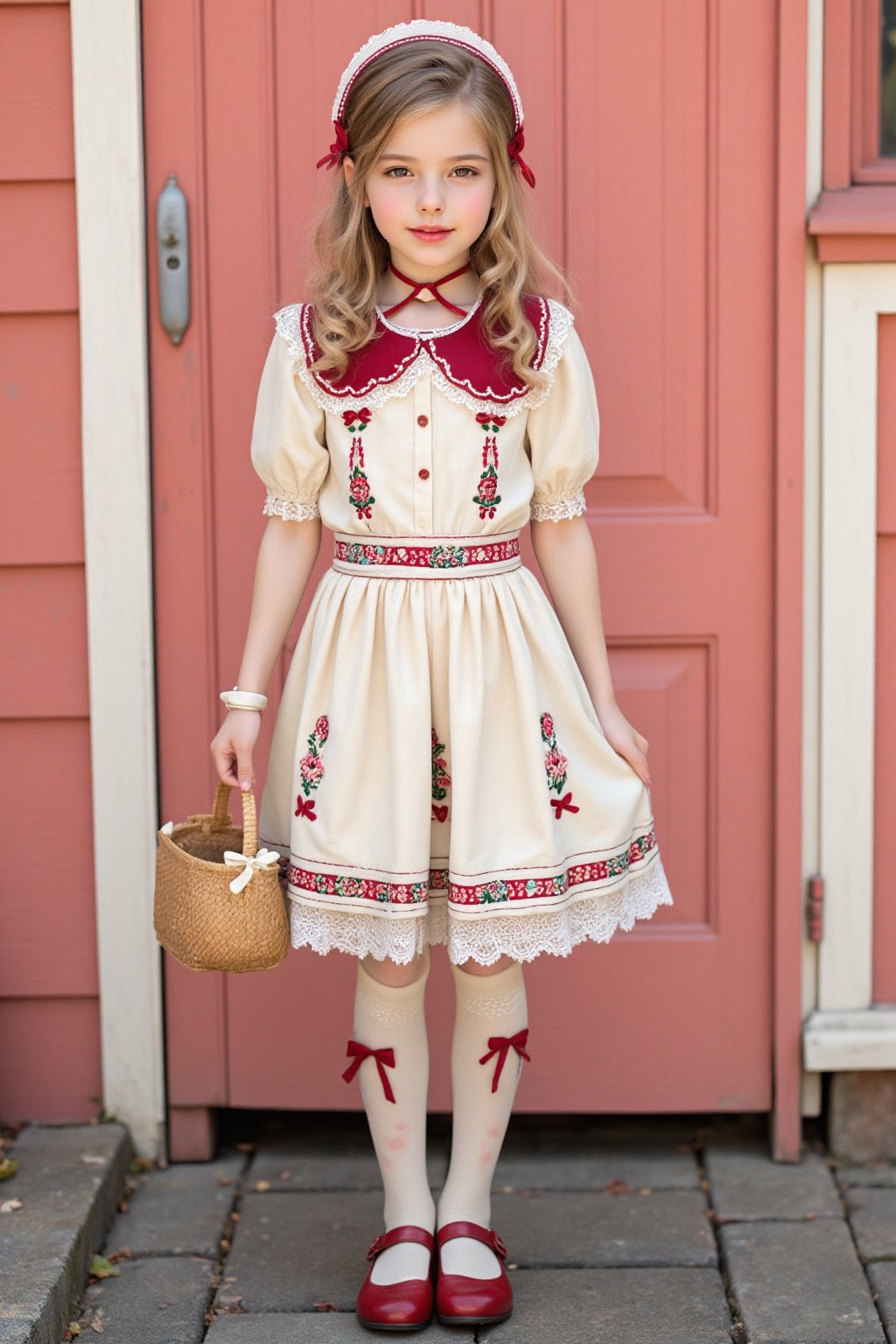 Sweet Lolita coordinate with Nordic/folk art influence. Young girl wearing cream and wine-red Lolita dress with detailed folk embroidery patterns. Dress features puff sleeves, lace-trimmed bodice, and full circle skirt with decorative apron panel. Intricate details include:

Main dress elements:
- Cream base color with wine-red ribbon and bow accents
- Embroidered folk art flowers and patterns in burgundy
- White lace trim on hemline, sleeves, and apron
- Puff sleeves with elastic gathering
- Full circle skirt with petticoat underneath
- Decorative apron panel with heart and floral motifs
- Matching bonnet with lace trim and ribbons

Accessories:
- Matching basket bag with ribbon and floral decorations
- Over-knee stockings with folk pattern print in red
- Red and cream Mary Jane shoes with bow details
- Silver-blonde wavy hair styled with slight curls
- Natural makeup with rosy lips and cheeks

Background:
- Standing against coral pink wooden door
- White painted door frame
- Rustic Nordic aesthetic

Professional Lolita fashion photography with soft natural lighting enhancing the vintage, storybook quality. High detail on fabric textures, embroidery, and lace elements. Nordic/folk art influence visible in pattern choices and color scheme.,ct-vlaoba,aidmafemalecosplay