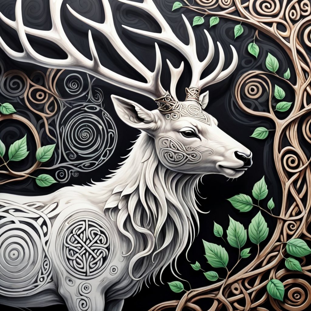 ((Abstract painting:1.4)), face seen from the side,fairy tale illustrations,Simple minimum art, myths of another world, pagan style graffiti art,
Abstract Celtic-inspired line art. Majestic white stag with intricate, branching antlers. Flowing knotwork forms the stag's body, merging with surrounding designs. Spirals and triskeles create mystical atmosphere. Thin, precise lines in stark white against dark background. Antlers transform into tree branches with leaves. Hidden animal shapes within the patterns. Geometric Celtic key patterns frame the edges. Ethereal and minimalist style with intricate details, Minimalist yet detailed,GaelicPatternStyle,lineart