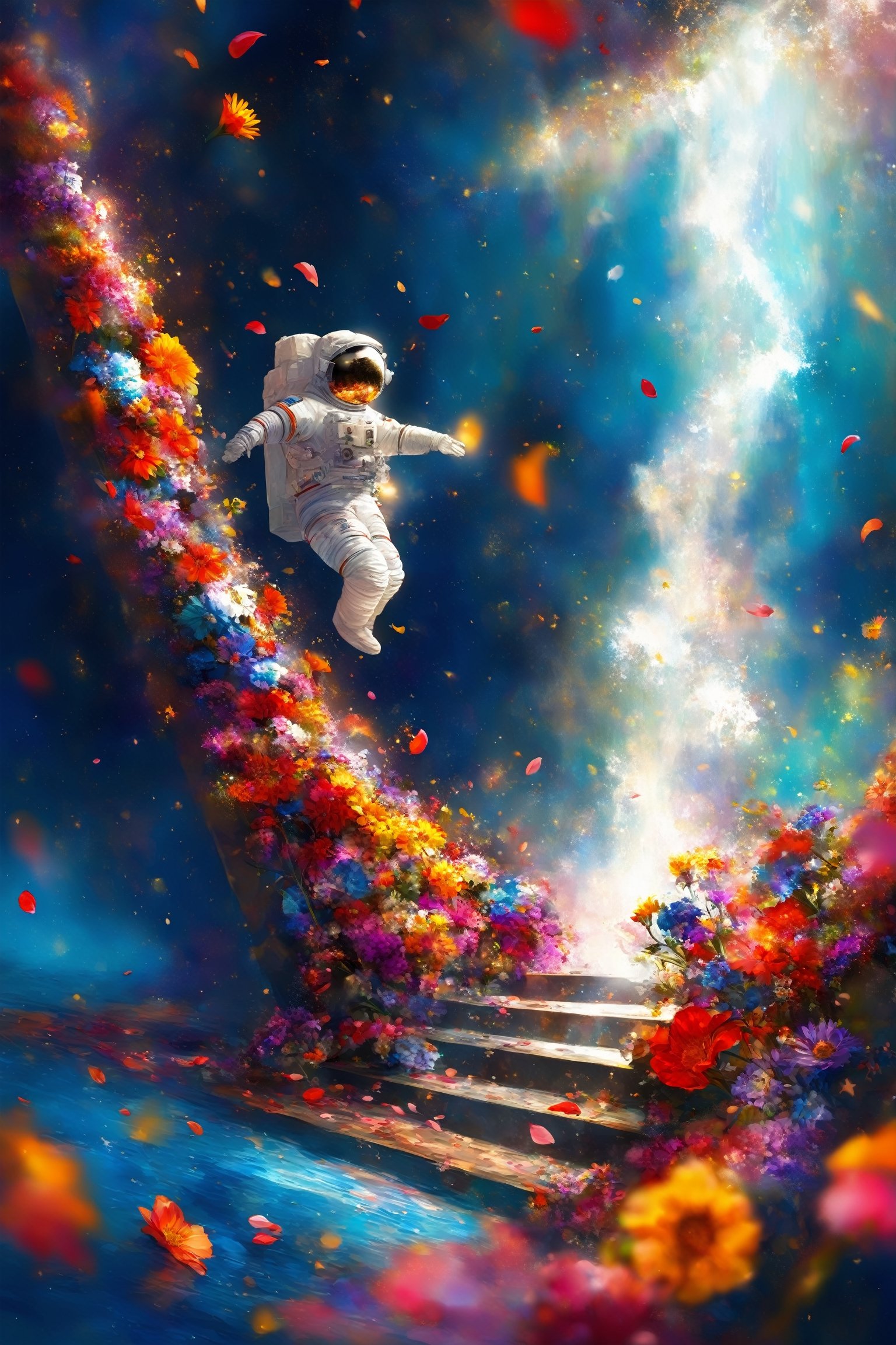 1 man,Astronauts surrounded by flowers, Colorful flowers falling like a waterfall, a flood of petals, astronauts landing on a flower star,staircase,astronaut_flowers