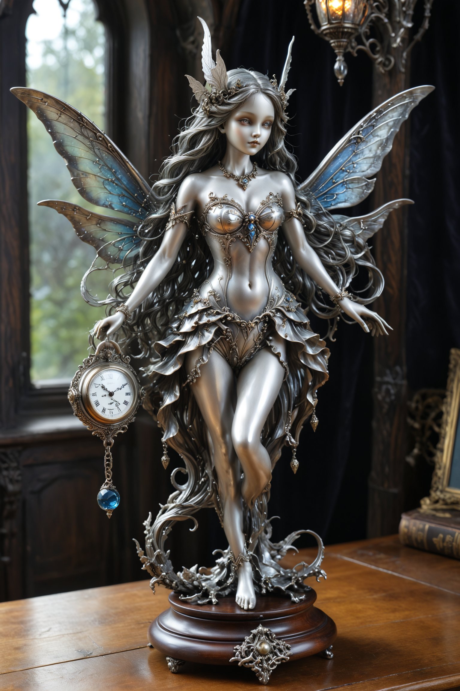 Exquisite Gothic-style silver sculpture of a fairy, holding an ornate pocket watch. Intricate filigree work on delicate limbs and ethereal wings. Flowing hair with intertwined silver strands. Haunting expression on finely carved face. Adorned with miniature Gothic elements - flying buttresses, gargoyles. Watch face reveals complex celestial mechanism. Patina emphasizing depth. Impossibly fine details. Blend of whimsical fairy lore and dark Gothic aesthetics. Timekeeper of the otherworld concept,
A sculpture placed on a wooden desk
