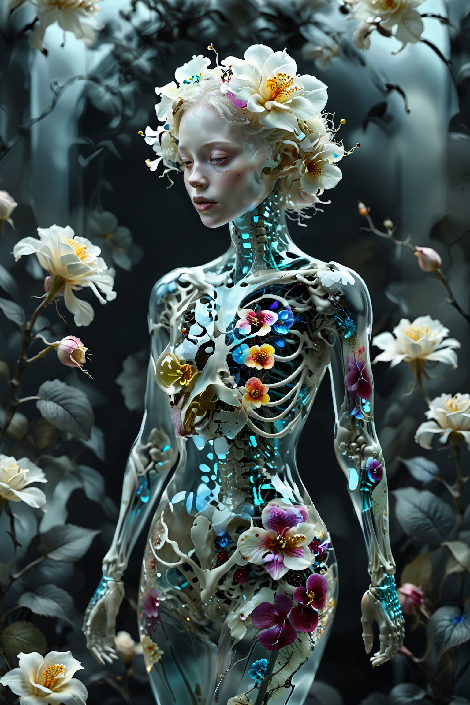 1girl,solo,Transparent glass  albino female cyborg,
((fractal pattern Flowers)), Skeleton and organs made of vibrant flowers. Mechanical joints visible. Heart of roses, lungs of hydrangeas, brain of orchids. Flowers spilling from slight cracks. Soft backlighting emphasizing transparency. Elegant pose. Simple futuristic background. Photorealistic style with high detail on glass and floral elements.",Clear Glass Skin,tranzp