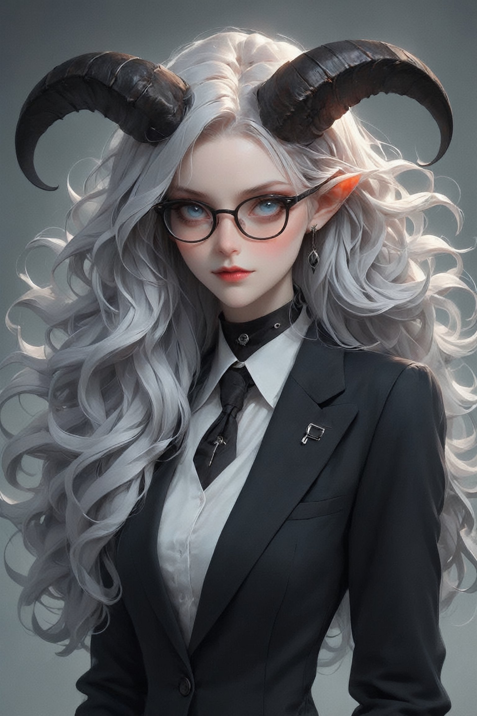 1Little girl, (masterful), albino demon queen, (long intricate horns:1.2),Long red hair,
Beautiful blue eyes, soft expression, (heavy black eyeshadow:1.2), Depth and Dimension in the Pupils,
deep cleavage, Girl in a sleek and professional outfit,glasses, embodying the essence of a career woman. She wears a tailored, form-fitting suit in charcoal gray or navy blue, accentuating her slender figure and exuding confidence and authority. Her crisp white blouse adds a touch of elegance, Completing the ensemble are polished heels and subtle yet stylish accessories, such as a sleek briefcase or a statement necklace
,Christmas Fantasy World,ct-niji2