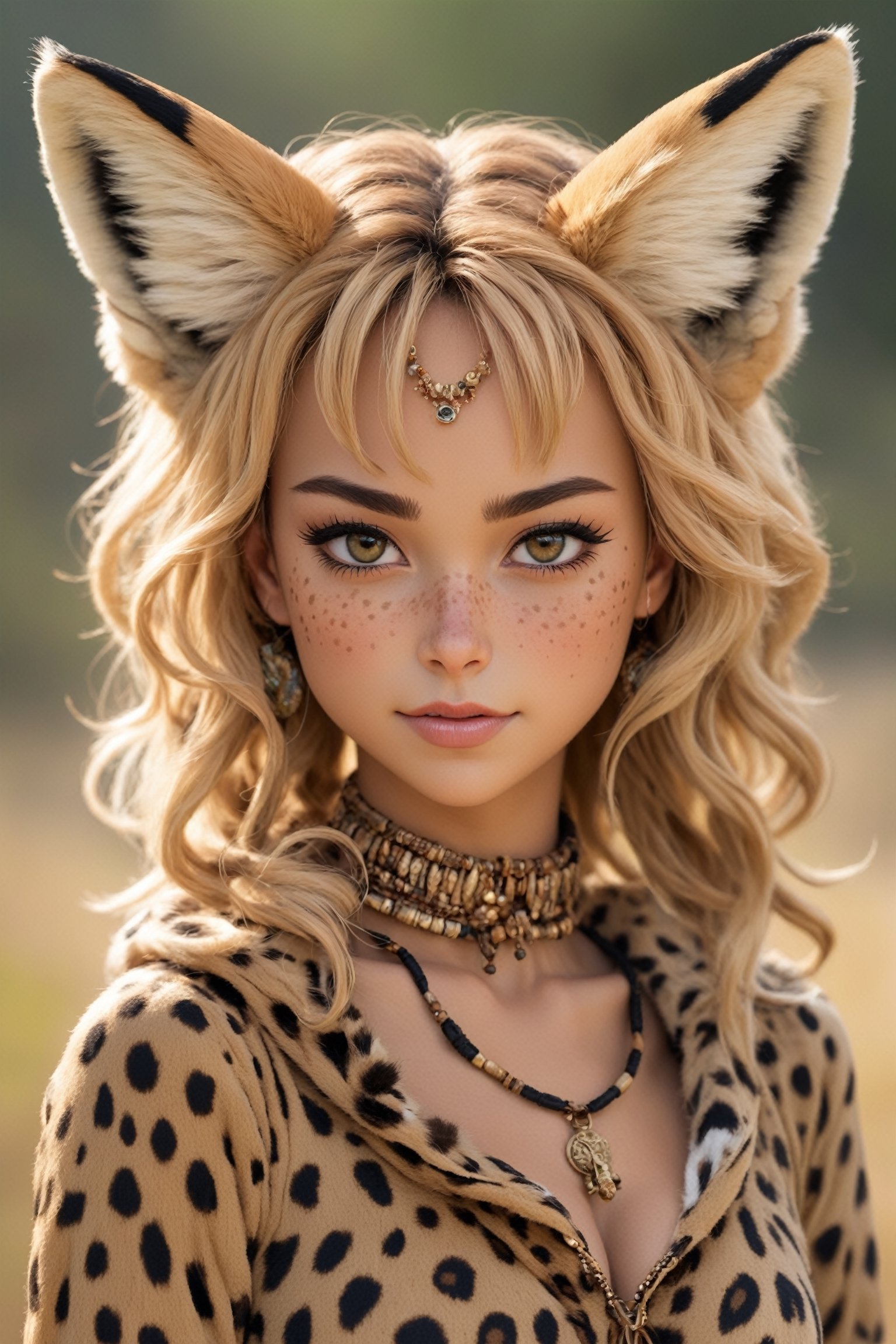  personified serval cat girl,freckles,Large Breasts, embodying the grace, curiosity, and independence of her feline counterpart. With soft, spotted fur and expressive eyes, she captivates with her playful charm and alertness. Adorned in a whimsical ensemble inspired by the African savannah, she exudes a blend of wild beauty and human-like personality,catgirl,xxmix_girl,Unique Masterpiece,ct-niji2