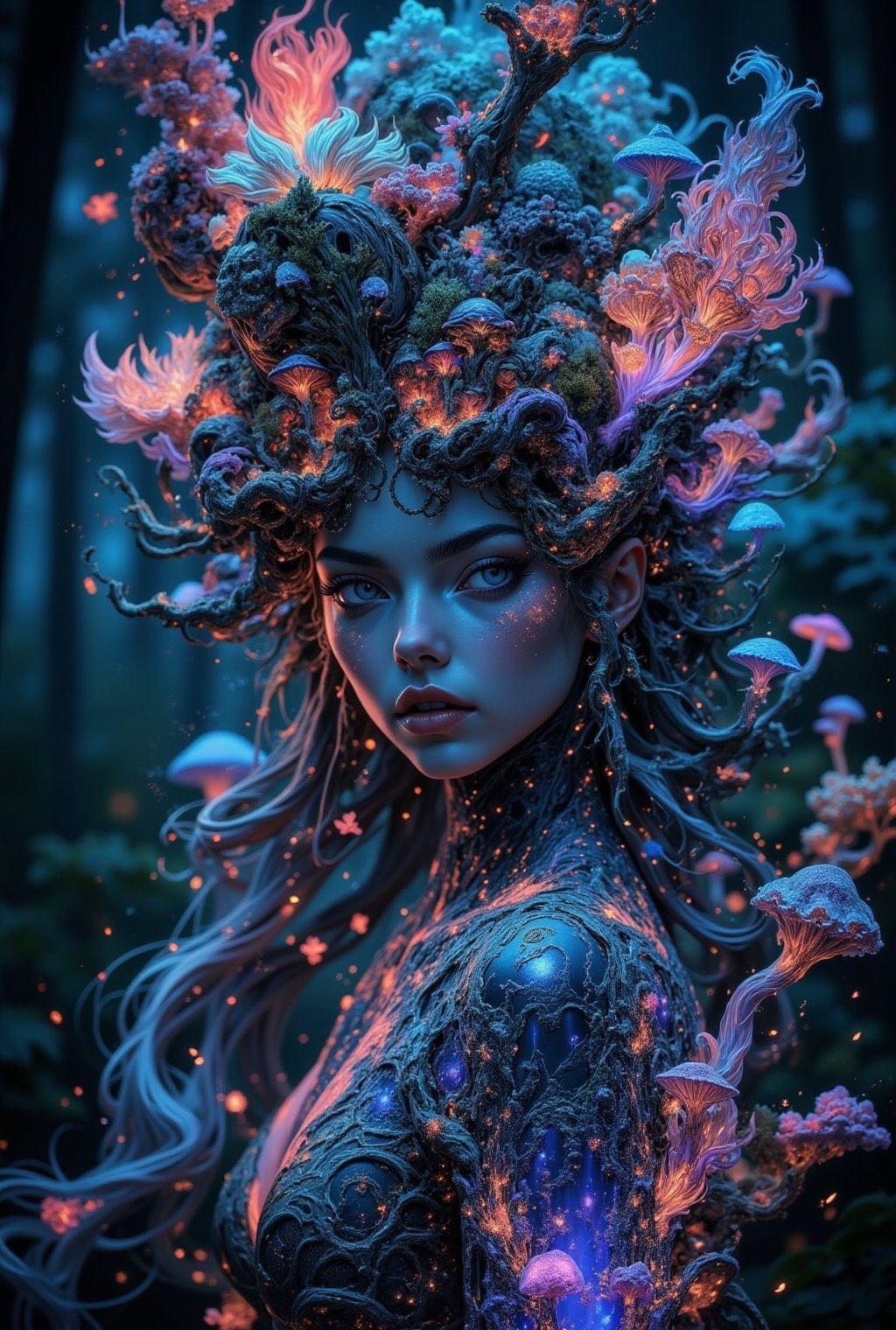 Fantasy forest queen, ethereal woman, bioluminescent fractal fungi growing on body as clothing, glowing mushrooms, intricate organic patterns, mystical aura, deep forest background, bioluminescent light, ethereal atmosphere, fantasy art, detailed fungi textures, iridescent colors, flowing hair with leaves and flowers, bark-like skin texture, glowing eyes, otherworldly beauty, high detail, cinematic lighting, 8K resolution, photorealistic rendering,#fractal,NeemoFairy