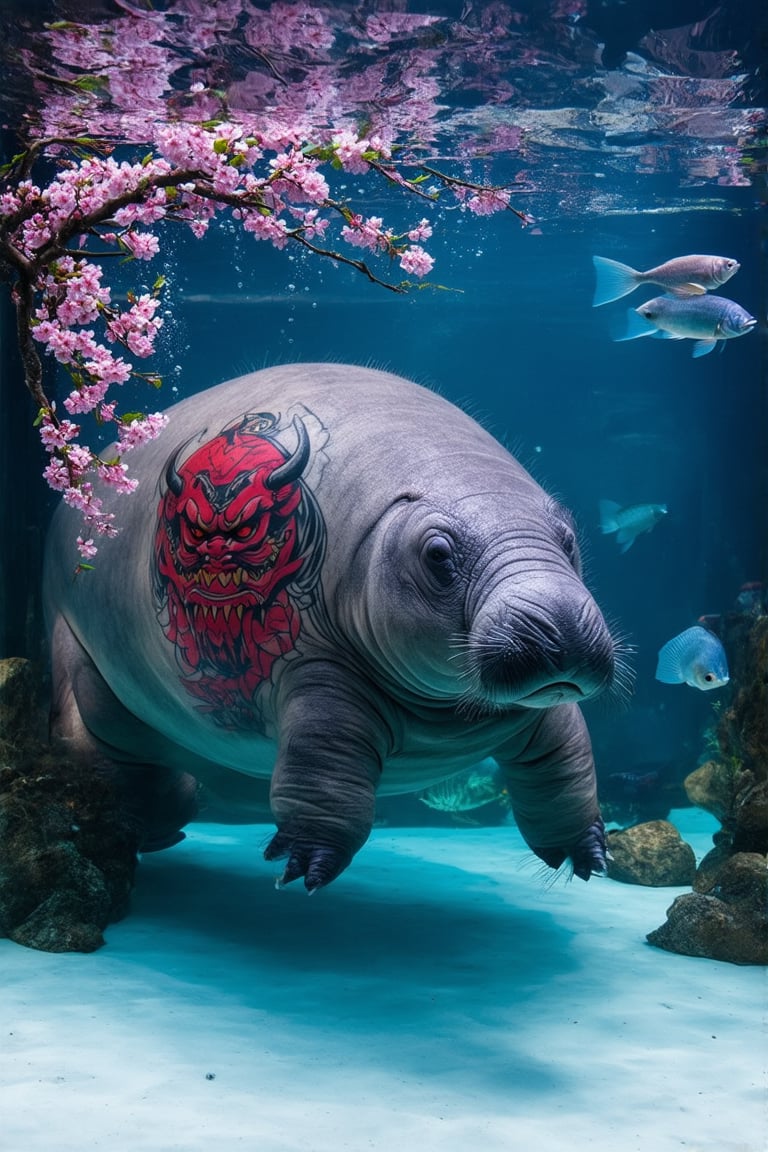 A large manatee floats gracefully in a spacious aquarium tank. Its grey skin is adorned with intricate Japanese-style tattoos. On its back, a fierce oni (Japanese demon) mask is inked in bold red and black, with golden accents highlighting its horns and teeth. Delicate pink cherry blosssom branches with drooping flowers stretch across the manatee's sides, creating a beautiful contrast to the oni. The tattoos appear to shimmer and move with the manatee's skin as it swims. Crystal-clear water surrounds the creature, with small bubbles rising. Soft blue lighting illuminates the tank, enhancing the tattoos' colors. Other fish dart around the manatee, some pausing to investigate the unusual sight. Aquarium 