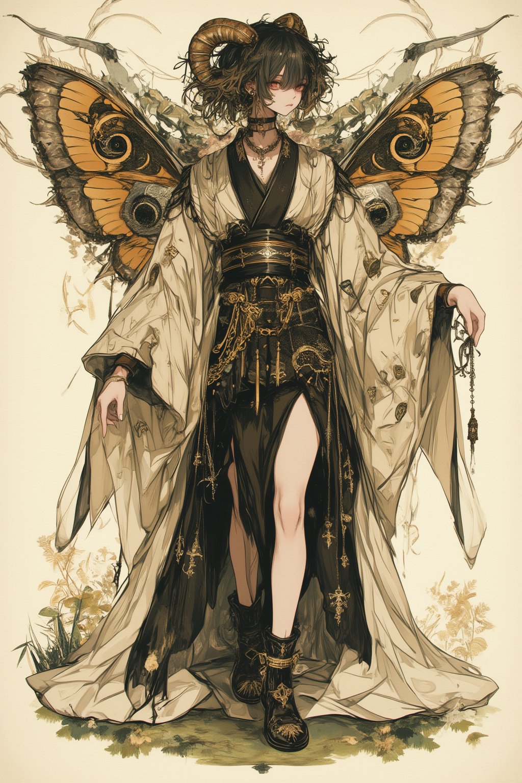 Decadent illustration, beautiful androgynous male, moth motif, 8k resolution, detailed anime style. Gold, black, and white color scheme. Elaborate layered kimono with moth wing patterns, flowing fabrics. Curly black hair with golden ram horns. Pale skin, sharp features, mysterious expression. Large moth wings attached to back, intricate eye-spot designs. Ornate golden accessories, tassels, and embroidery. Baroque-inspired clothing details. Slender figure in elegant pose. Moth antenna headdress. Black and gold boots. Vintage entomology-style moth illustration in background. Soft, diffused lighting. Textured paper effect. Art nouveau and Japanese aesthetics blend. Hyper-detailed fabric patterns and insect anatomy.,dal