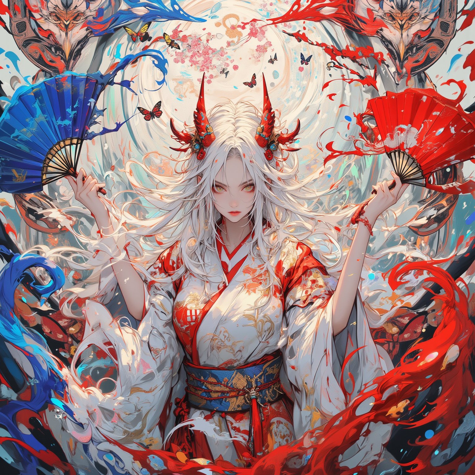 Ethereal anime-style woman in ornate kimono, 8k resolution, digital art. Long flowing white hair, red oni horns. Kimono primarily white with red accents, intricate golden patterns. Revealing neckline, obi with checkered pattern. Holding massive decorative fans, one with blue water motif, one with red fire design. Dramatic pose, kimono billowing. Surrounded by stylized fire and water elements. Butterflies in shades of blue and pink. Background featuring large sun and moon imagery. Cherry blossoms and oranges on branches. Contrasting color palette of warm reds and cool blues. Delicate linework and soft shading. Hyper-detailed fabric textures and patterns. Glowing effects around magical elements. Inspired by traditional Japanese art and modern anime aesthetics. Dreamy, fantastical atmosphere. Sharp focus on character, slight blur on background elements.,Manga  Yakuza Kamui X Georgia O'Keeffe,dal