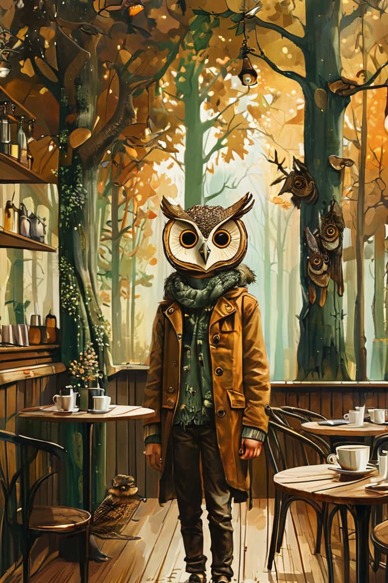  fantasy-style vintage painting, boy wearing an owl mask. He stands in a café inspired by a forest, with tree trunks and branches integrated into the décor, creating an enchanting, woodland atmosphere. The boy's outfit complements the theme, blending earthy tones and textures that evoke the surrounding nature. The scene captures the mystical charm of the forest within the cozy, magical setting of the café.