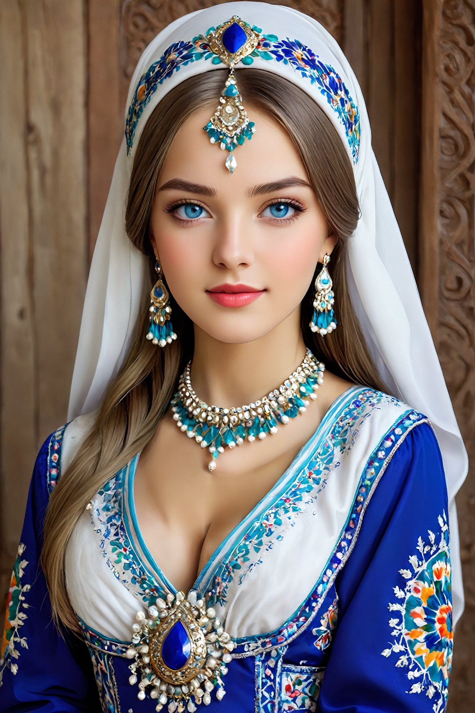 Beautiful Ukrainian girl,16 years old,A happy expression,Beautiful iris with high precision,blue eyes,Turkmenistan Chirpy,(Big breasts),(Deep cleavage),(long pure white hair),smooth hair,
Wearing traditional Turkmen wedding costumes intricately embroidered with delicate and beautiful patterns, characterized by bright colors and fine needlework, women wear headscarves and headdresses decorated with jewels and beads, adding elegance to their ensembles, earrings, necklaces, bracelets, and other accessories. accessories, red bottoms, and fur boots,Extremely Realistic