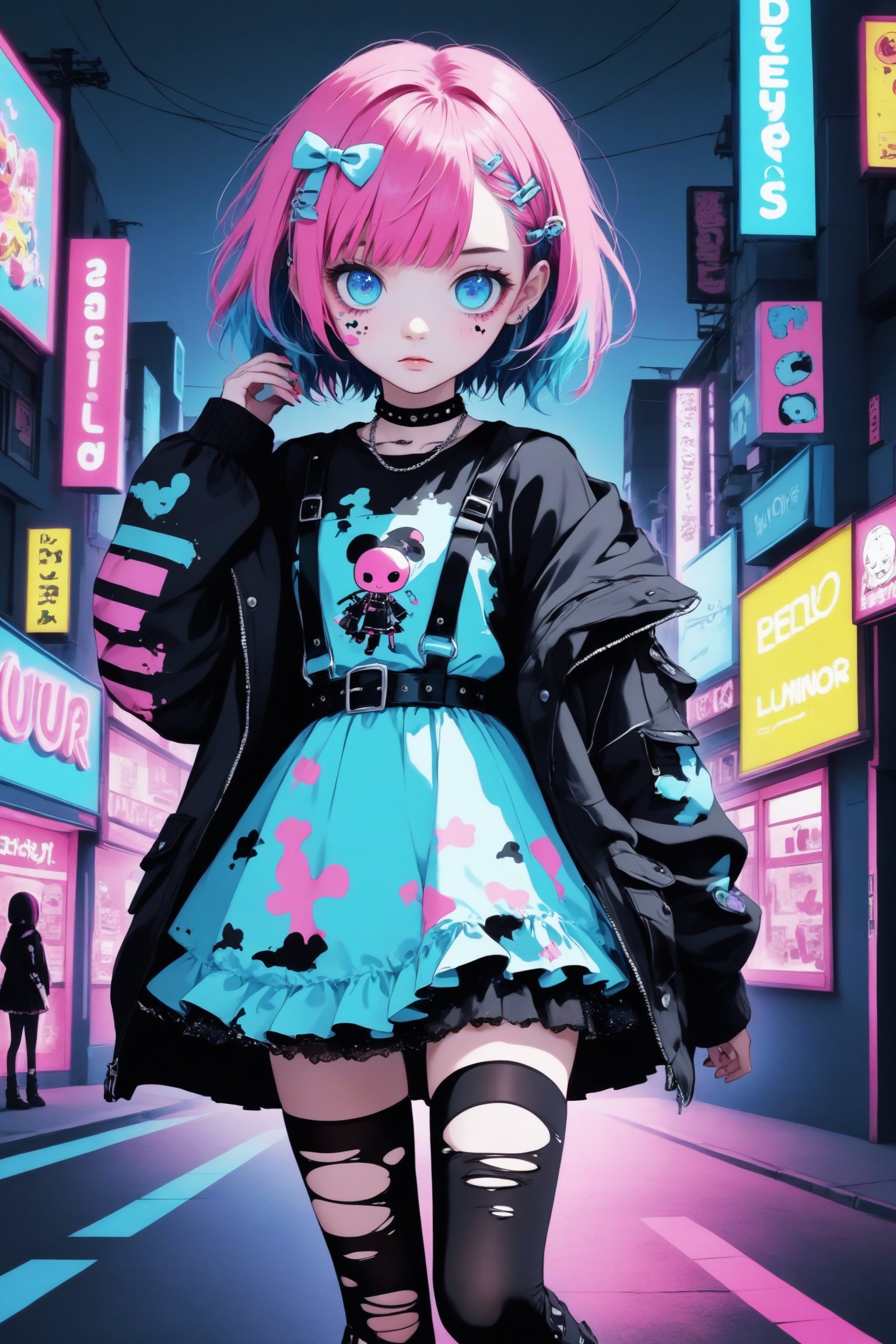 dal-3,vtuber girl,Solo,neon Light bright,(luminous clothing),
cute anime characters
Beautiful blue eyes,asymmetric bangs,candy punk Fashion,Pastel colored clothes based on blue and pink,Pastel Emo Fashion,kawaii and Lolita themes,She wears a distressed pastel dress with lace, an oversized torn cardiganAnime Print Shirt,Gothic Style tights, long military boots,,dal-6 style,pink-emo,emo,Visual_Illustration,c0l0urc0r3,neon photography style,Anime girl,glowing,Deformed