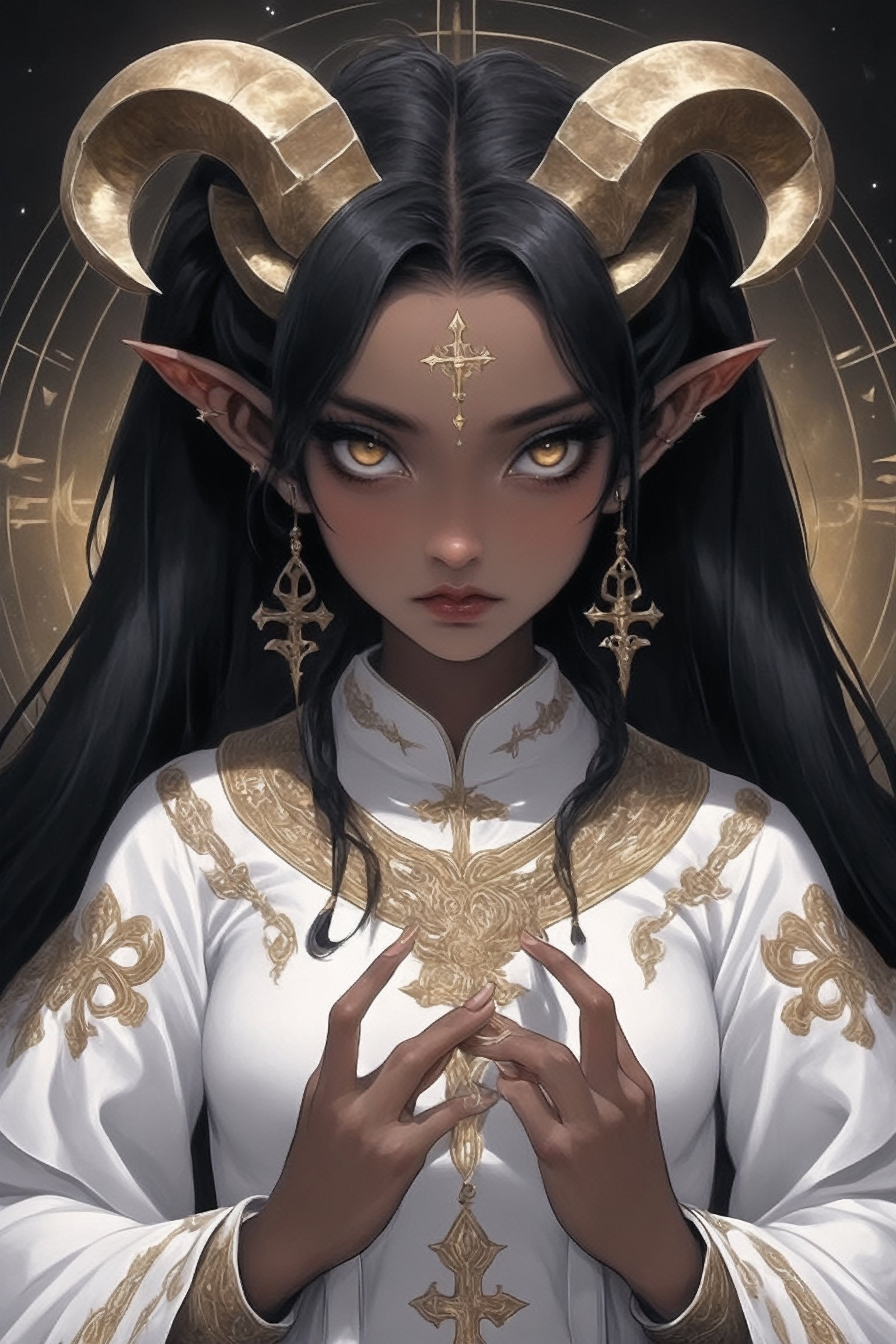 1 girl,supernatural being,(masterful),melanism demon girl,slit pupil eyes,Intricate Iris Details,,ebony skin,pure white pigtails, wearing solemn white and gold ceremonial robes, (majestic bishop's mitre),Envision the pontiff's attire enriched by intricate golden embroidery, sacred symbols,Utra,ellafreya,GothEmoGirl,glitt3r,ani_booster