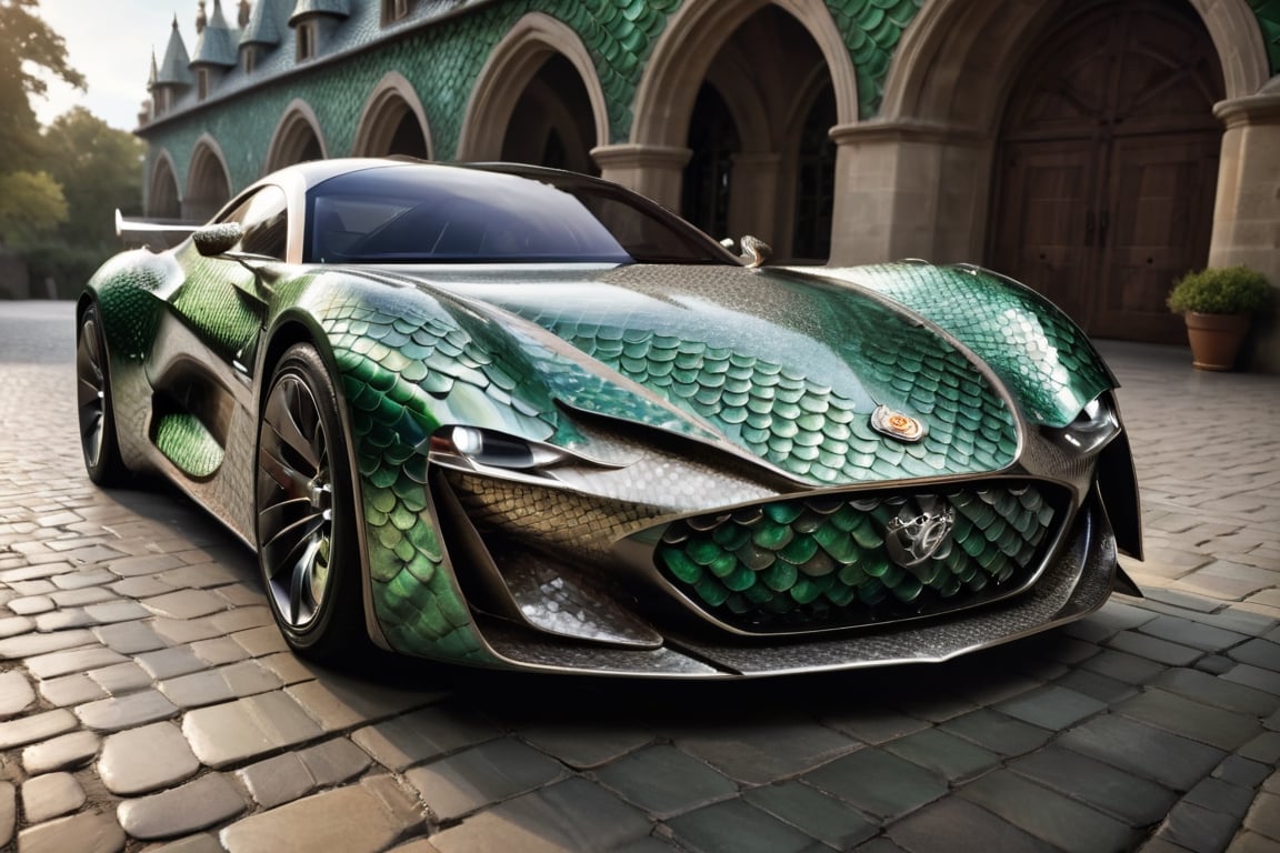  sports car crafted entirely from dragon scales showcases an exquisite blend of fantasy and automotive engineering. The sleek, aerodynamic vehicle is adorned with intricately arranged dragon scales, each scale glistening with a lustrous sheen. The scales cover the car's exterior, creating a seamless and visually captivating integration of mythical elements with modern design.,dragon armor,c_car