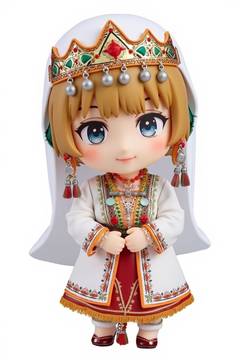 chibi,nendoroid,Moroccan tradition clothe,1girl, a stunning photo with beautiful saturation, ultra high res, best quality, masterpiece), highly detailed, ((full body)),, looking at viewer, knee, warm smile,3D MODEL, full body, chibi,cute, (white pure background), white theme, simple backgroup,Adrr-tsfft,lyh_nendo