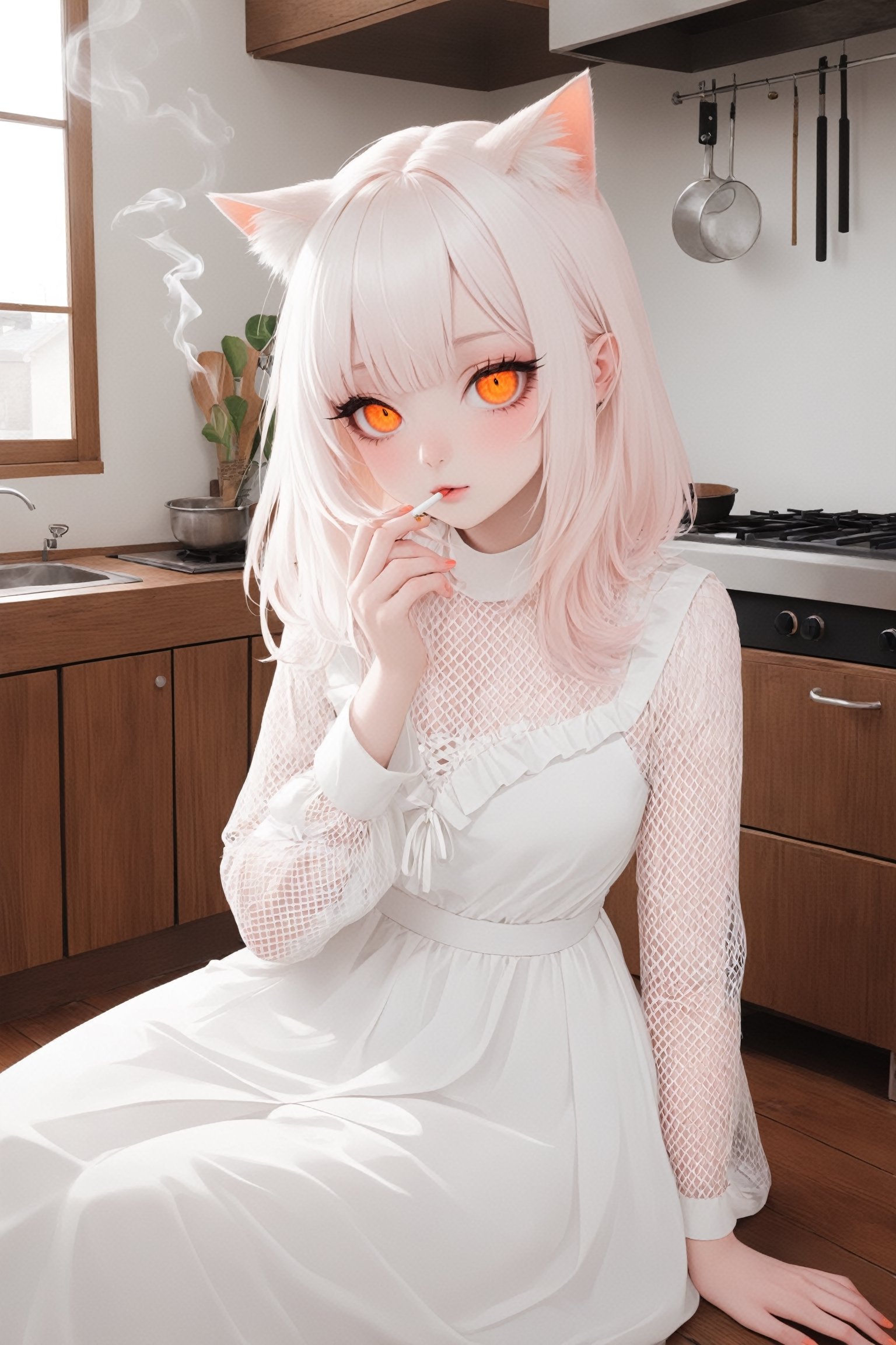 1 girl, albino cat girl,cat ear, with lethargic sleepy smokey eyes,white eyelashes,((orange slit pupil eyes)),mesh fishnet blouse,pure White long dress, ,pink-emo,catgirl,smoking a delicious cigarette, wooden floor,House Background,JPkitchen,