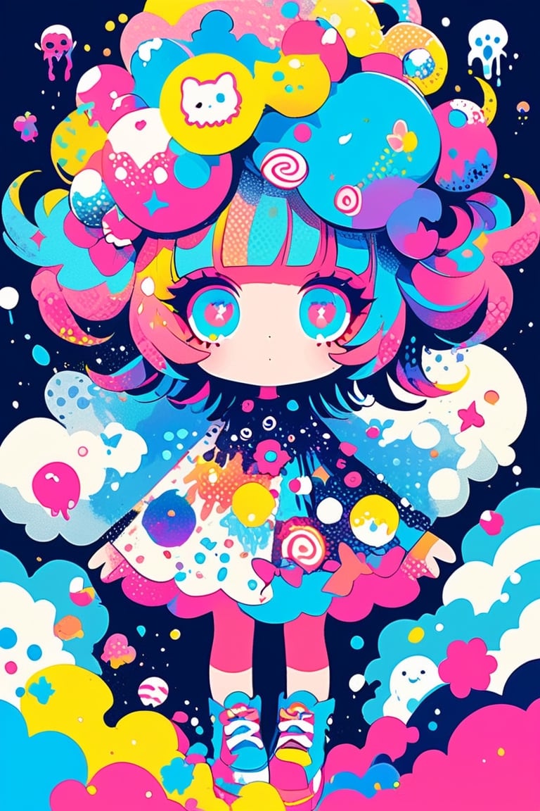 children's doodle style,
Colorful pop art, candy pop, lollipop punk, brightly colored berry beans, emo pink lolita girl,big Eyes,A dress made of jelly and ice cream,
 maximalism designemo,dal-6 style,Color Splash