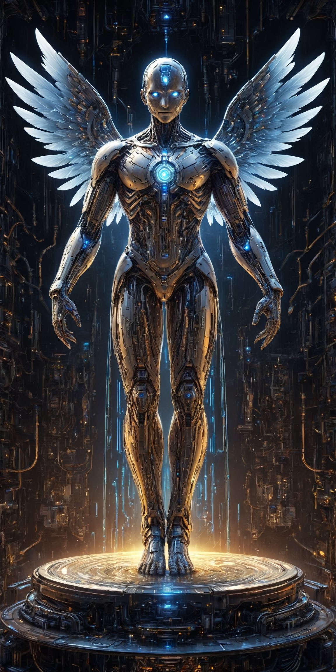 A cybernetic angel statue, with wings made of circuit boards and machine parts, emitting a soft, ethereal glow. Its metal and flesh body blends technology with divine grace, symbolizing harmony between the digital and spiritual realms. The statue stands on a marble pedestal, emanating a gentle light, offering a glimpse into a futuristic world of technological spirituality.,Energy light particle mecha,DonMSt34mPXL,DonMC1rcu17Pl4nXL