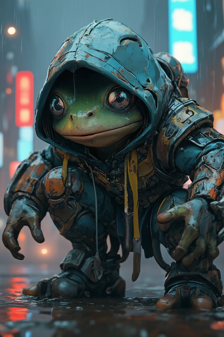 Anthropomorphic frog character in cyberpunk theme. Wearing a heavy, high-tech cyber suit with a large hood. Suit is weathered and grimy, with neon accents and exposed circuitry. Frog's face peering out from shadow of hood, with large, bioluminescent eyes. Moist, textured skin visible on face and hands. Chunky boots with hydraulic components. Neon-lit rainy cityscape in background. Photorealistic rendering with sci-fi elements. High detail, 8K resolution, dramatic lighting emphasizing the hood's shadow,lyh,Anime Style