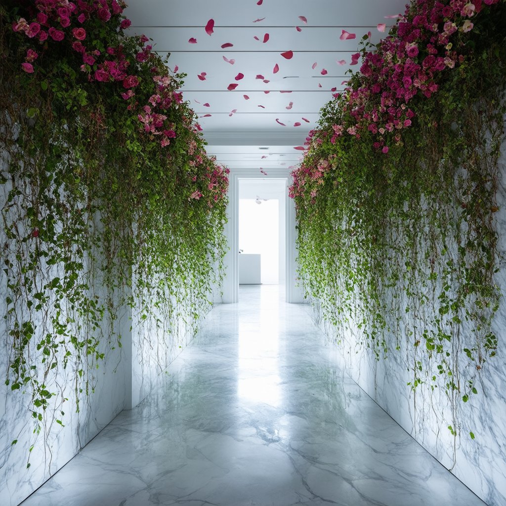 "Ethereal liminal space adorned with abundant flowers. Endless white corridor with soft,  diffused lighting. Walls and cei...