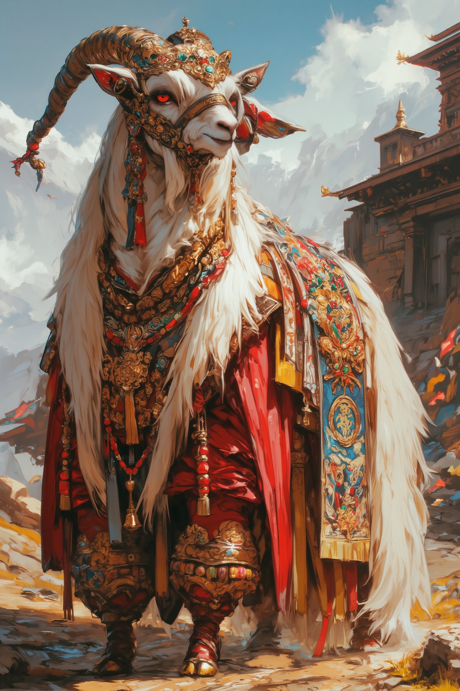 Majestic long-haired goat, adorned in opulent Tibetan wedding attire, Lustrous white coat cascading to the ground, meticulously groomed and adorned with intricate braids and golden threads woven throughout,

Headpiece: Elaborate gold and red crown featuring turquoise and coral inlays. Long silk ribbons in vibrant hues flow from the crown, intertwining with the goat's silky fur,
Facial features: Striking amber eyes, decorated with kohl-like patterns. Beard adorned with small golden bells and colorful beads,
Body attire: Rich red silk chuba (traditional Tibetan robe) embroidered with golden dragons and auspicious symbols. Wide sleeves trimmed with fur and adorned with intricate brocade patterns,
Accessories: Multiple strands of coral and turquoise necklaces drape the neck. Gold-plated hooves. Ceremonial scarf (khata) in white silk draped across the back,
Background: Misty Himalayan peaks, prayer flags fluttering in the breeze. Ornate temple architecture visible in the distance,
Lighting: Soft, golden sunlight highlighting the goat's regal bearing and the rich textures of the costume,
Overall impression: A surreal blend of animal grace and human cultural richness, embodying Tibetan wedding traditions in a whimsical, elegant manner.,furry