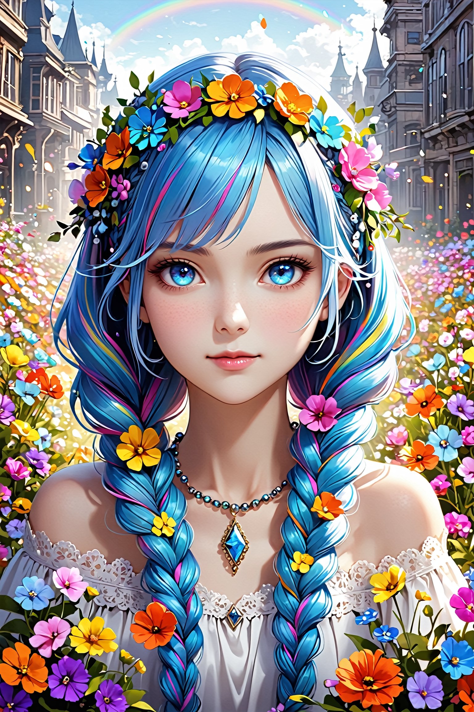 Ultra realistic,1 girl,beautiful blue eyes,superbly crafted braided hairstyles,amazingly intricate braid hair,7 colorful hair colors,Beautiful colorful (pigtails braided with flowers:1.2),long pigtails, ,
each meticulously created braid decorated with delicate accessories and beads,aesthetic,Rainbow haired girl ,Realistic Blue Eyes,Flower queen,dal-1,colorful,DonMD1g174l4sc3nc10nXL 