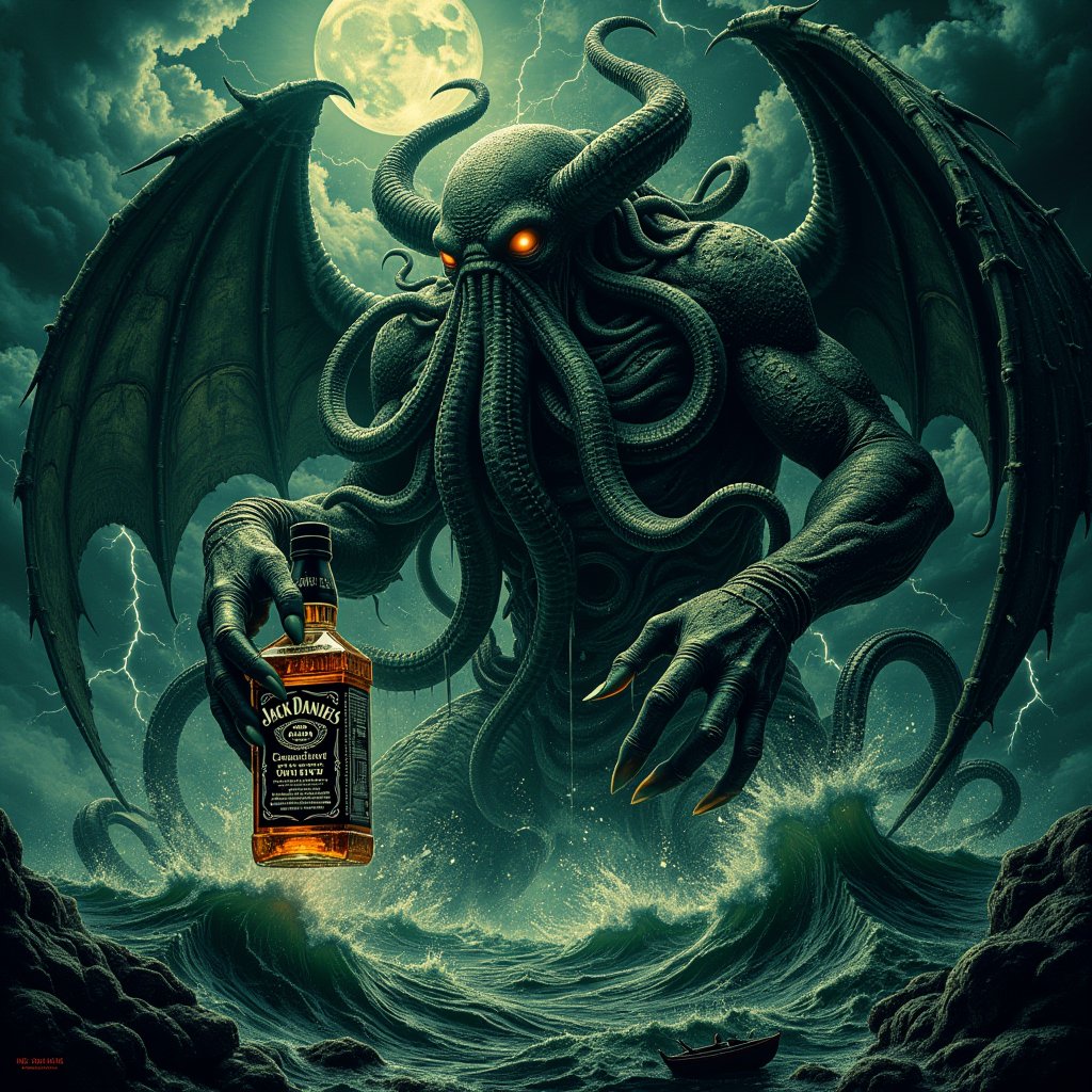 Cosmic horror meets modern spirits as mighty Cthulhu emerges from dark oceanic depths, clutching a Jack Daniel's bottle scaled to its massive tentacled form. The Great Old One's colossal body rises from churning waters, otherworldly green flesh glistening wet, dragon-like wings spread against storm-darkened sky. Multiple tentacles writhe from its octopus-like head while clawed hand grasps whiskey bottle like a ritual artifact. Bottle appears appropriately gigantic yet tiny against creature's scale, glowing with unnatural phosphorescence. Lightning illuminates Cthulhu's alien features, reflecting off bottle's glass surface. Sunken R'lyeh architecture visible beneath turbulent waters, ancient stones glowing with eldritch light. Ship wreckage and swirling whirlpools surround beast's emergence point. Madness-inducing geometries of ancient city contrast with bottle's familiar form. Eyes of unfathomable cosmic horror glow same amber as whiskey within bottle. Storm clouds twist in impossible patterns around entity's form while cultists' boats gather at safe distance. Tentacles coil around bottle's neck while others reach skyward, dripping seawater that freezes mid-air in violation of natural law,