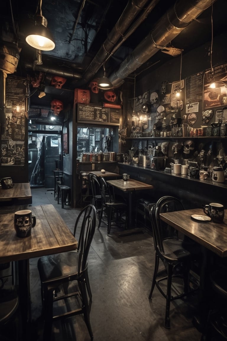 "Welcome to the Death Metal Café,  where the atmosphere is as heavy as the music. Decorated with dark,  industrial motifs...