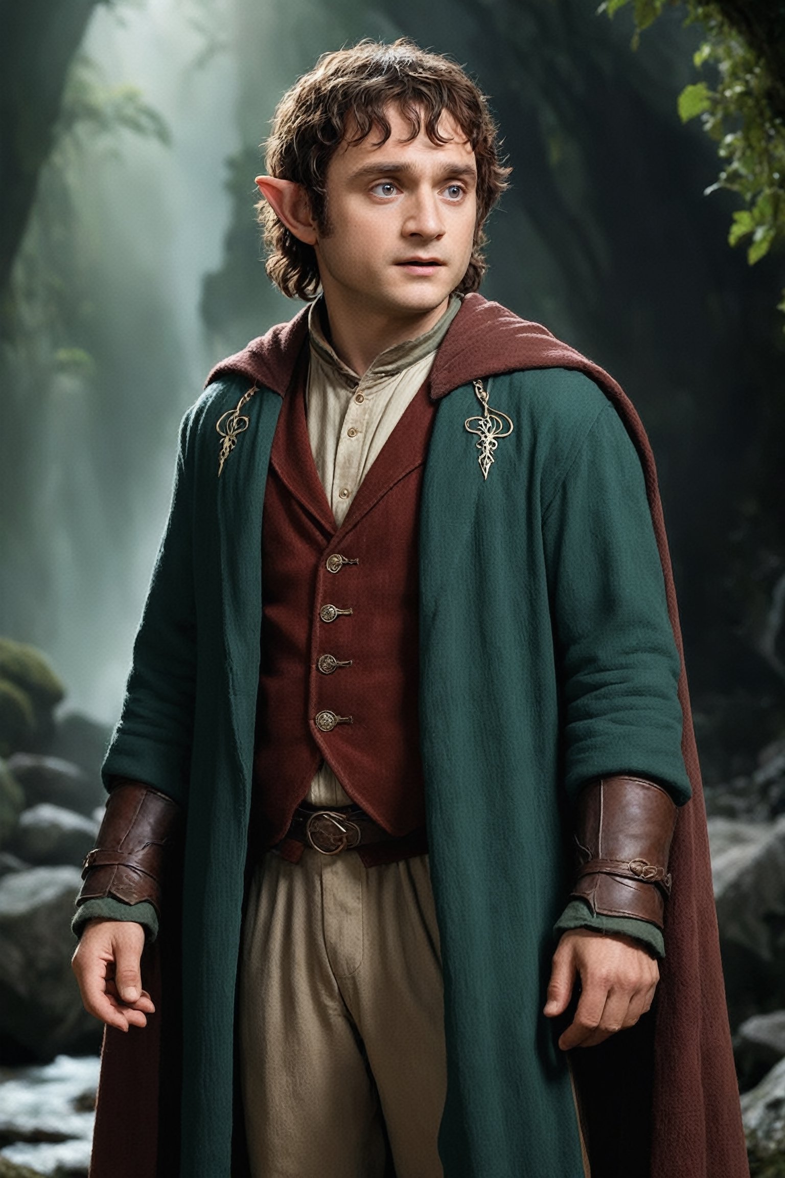 Frodo Baggins dressed in an elven coat,  embodying the spirit of his journey through Middle-earth. Envision Frodo adorned...