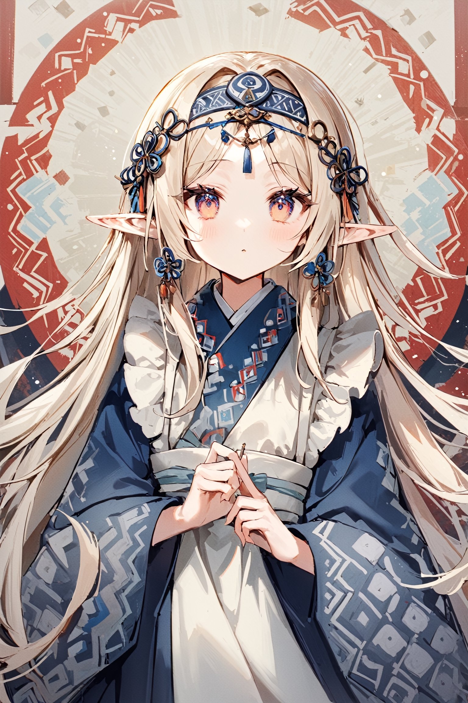  a beautiful elf girl,elf ear, wearing traditional Ainu attire, adorned with intricate embroidery and patterns symbolizing Ainu culture, Her garments include a dress and apron,Completing her look is a unique headpiece that enhances her beauty,With pride in Ainu culture,Misery Stentrem,Nina Aslato