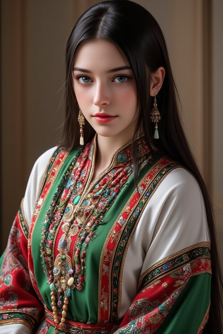 Super detailed, super realistic, beastly,beautiful Nordic girl,
 wears old folk costume, long straight black hair, Yakuts folk costume,(beautiful blue eyes), almond eyes, intricate textile decorated with colorful and intricate geometric patterns, arm ornamentation, decorative embroidery.
Beautiful crystal blue eyes, almond eyes, intricate fabrics decorated with colorful and intricate geometric patterns, clothes in earth colors such as White red and green,,aw0k euphoric style, ,perfect likeness of TaisaSDXL,dal,ct-identityV2,Adrr-tsfft,beauy_ks01