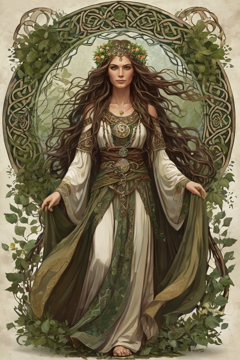 Picture an ancient Celtic female druid,  adorned in flowing robes of earthy tones,  adorned with intricate Celtic symbols...