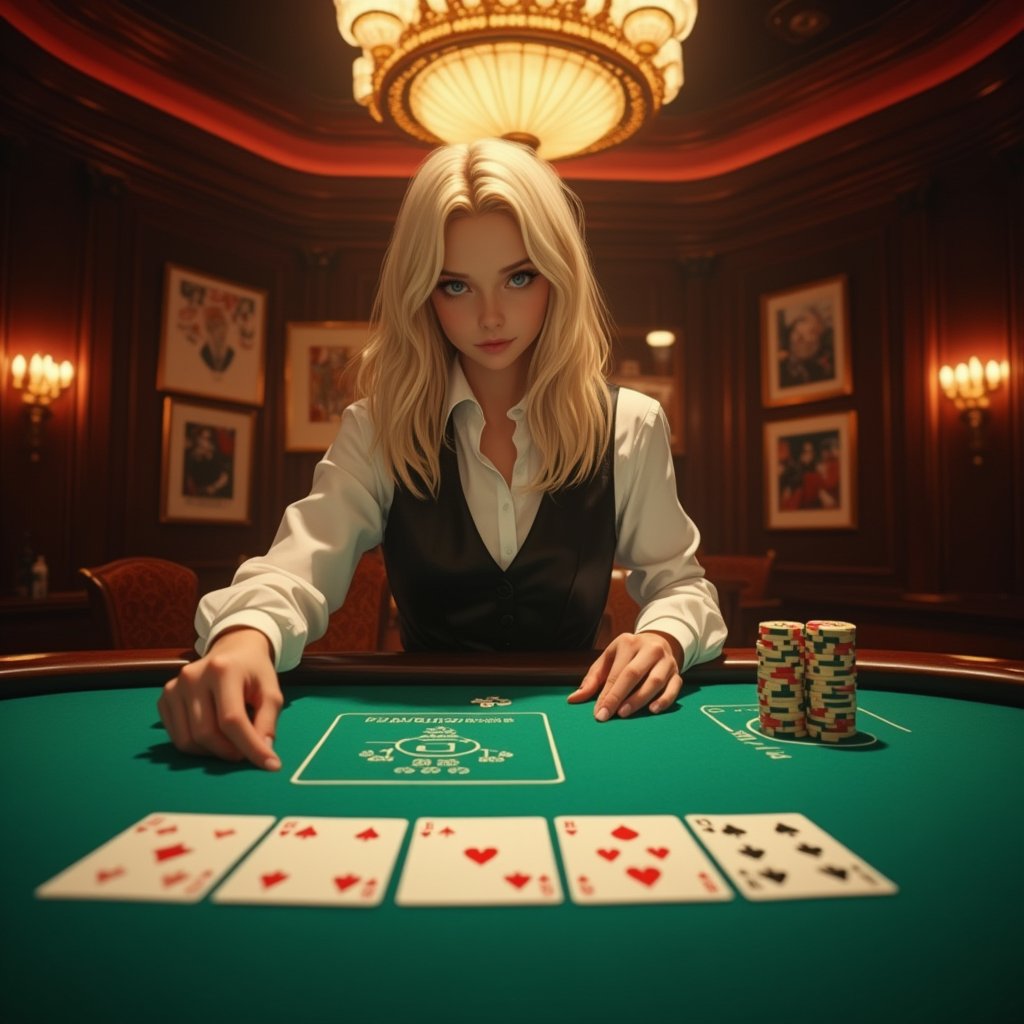 POV shot of a poker table in a luxury casino. In the foreground is a gorgeous green felt surface. Across the table is a beautiful Scandinavian female dealer in her early 30s. Blonde hair, blue eyes, professionally dressed in a white shirt and black vest. She is dealing cards with expert precision. A royal straight flush of diamonds is clearly visible on the table, along with five playing cards lined up: King Ace Queen Jack Ten of diamonds,
Warm ambient lighting glowing softly from the chandelier above. A pile of chips is visible at the edge of the table,
Polished wooden table rim,1girl,Flat Anime Niji Style