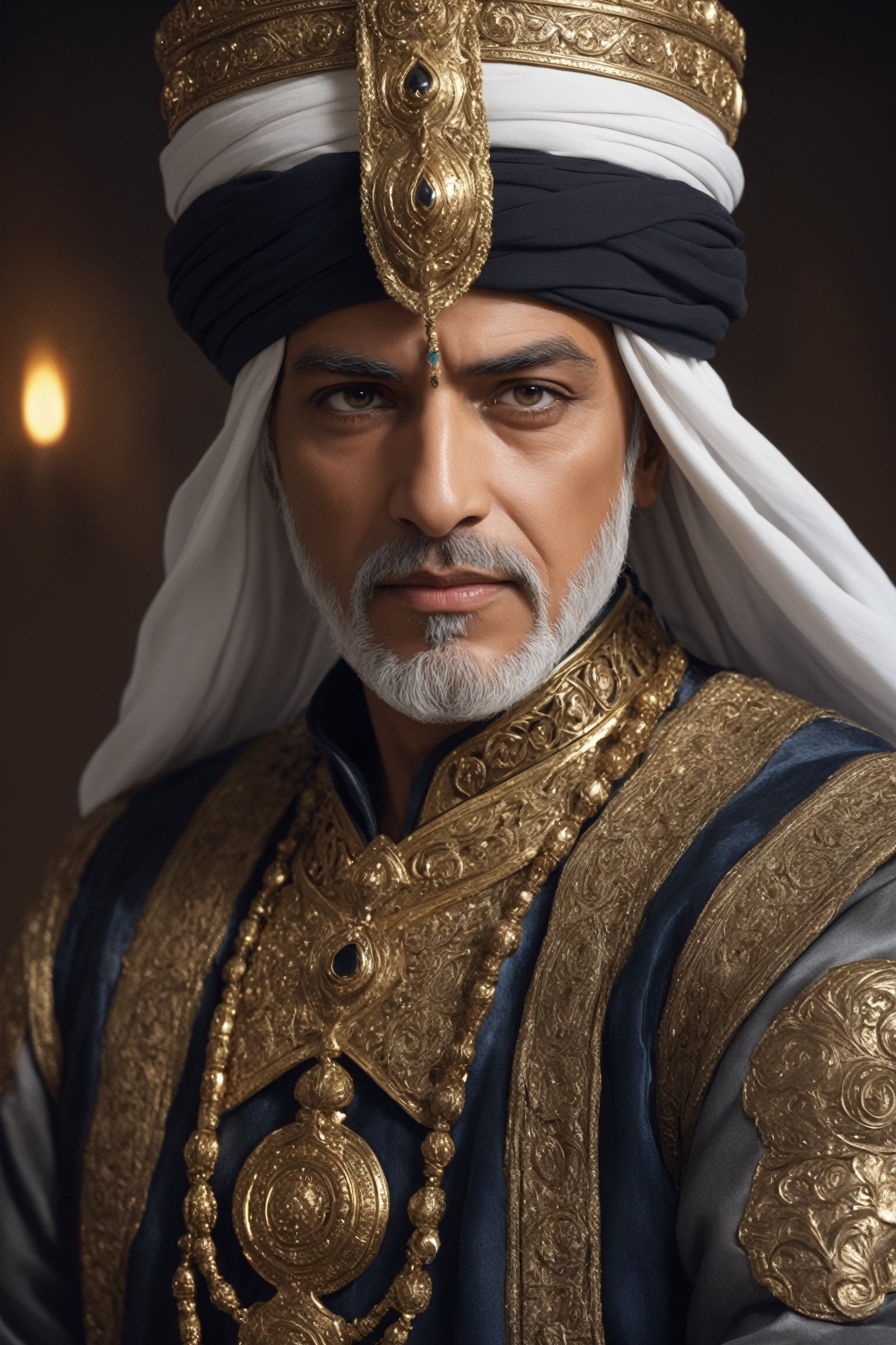 the medieval Arabian Elder warrior,  adorns himself in a sumptuous Arabian knight's attire,  ((Cowboy shot)) by maehara on...