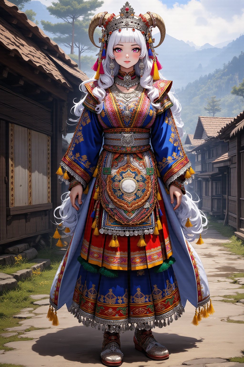 anime style,1Girl,albino Demon girl,goat horns,pale White skin,pure White long wave Hair,
 in northern Thailand wearing an opulent traditional bridal costume. Vibrant, multi-layered outfit with intricate embroidery and silver coin decorations. Elaborate headdress adorned with colorful tassels, beads, and dangling silver ornaments. Heavy silver necklaces and large earrings frame her face. Richly embroidered jacket in deep indigo with geometric patterns in red, yellow, and green. Wide pleated skirt with bold horizontal stripes and detailed needlework. Ornate silver belt with hanging charms. Embroidered apron with intricate designs. Legs wrapped in indigo leggings with embroidered ends. Traditional cloth shoes with pointed toes. She stands in a misty mountain village with traditional Hmong houses in the background,1girl,lyh,adrr-tsfft