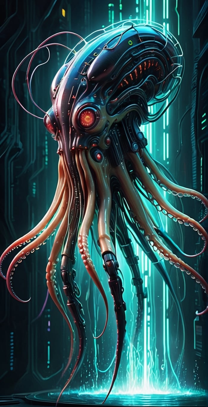 Cybernetic (giant squid),  a towering cephalopod enhanced with cybernetic implants and futuristic technology,  massive bod...