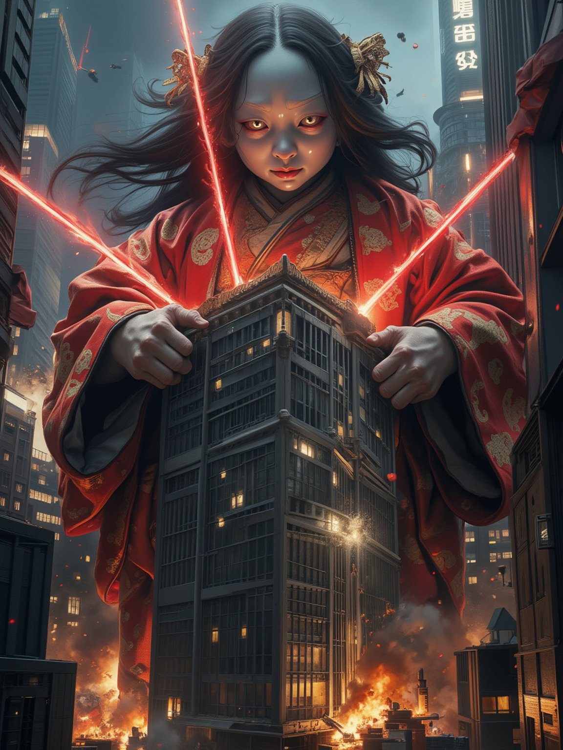 A giant Ichimatsu doll terrorizing a modern city, towering over skyscrapers. Traditional pale porcelain face now massive and menacing, with glowing red beam weapons firing from emotionless eyes, destroying buildings below. Long black hair flows in the wind at skyscraper height. Enormous red kimono with gold patterns billows dramatically between buildings. Doll clutches modern office building like King Kong, other arm stretched toward city. Intense red energy beams cut through cityscape, creating explosions and fires. Buildings crumble and burn with realistic destruction effects. Urban environment shows scale with tiny lights, cars, and helicopters circling the giant doll. City lights reflect off doll's glossy porcelain skin and in its blank stare. High detail on both traditional doll elements (kimono embroidery, white porcelain texture) and modern destruction (beam effects, explosions, building damage). Professional kaiju movie style photography with dramatic low angle. Heavy atmosphere with smoke and fire effects. Nighttime setting with city lights and destruction glow.