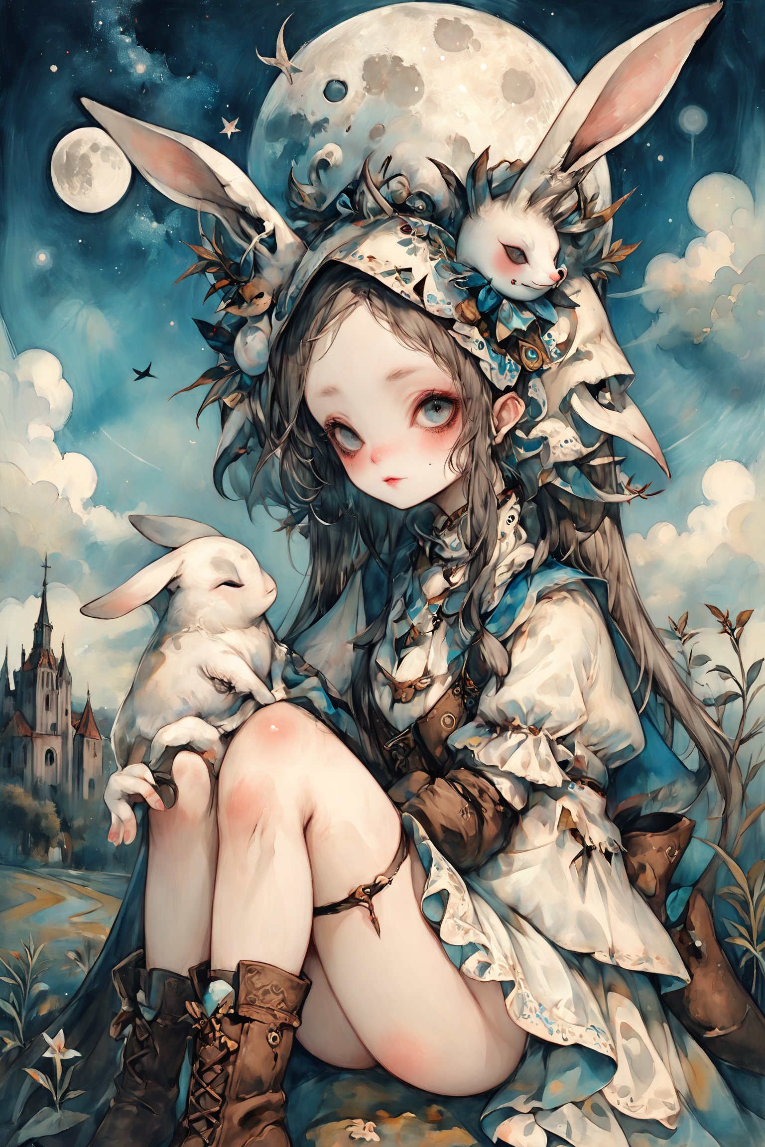 fairy tale illustrations,Simple minimum art, 
myths of another world,Perfect sky, moon and shooting stars,moon on face,
pagan style graffiti art, aesthetic, sepia, ancient Russia,(holy bard),
A female shaman,(wearing a rabbit-faced mask),nodf_xl, in the style of esao andrews,rabbit kissing sheep,
watercolor \(medium\),jewel pet,acidzlime,emo,ruanyi0315,white leotard,high heel boots,papal hat