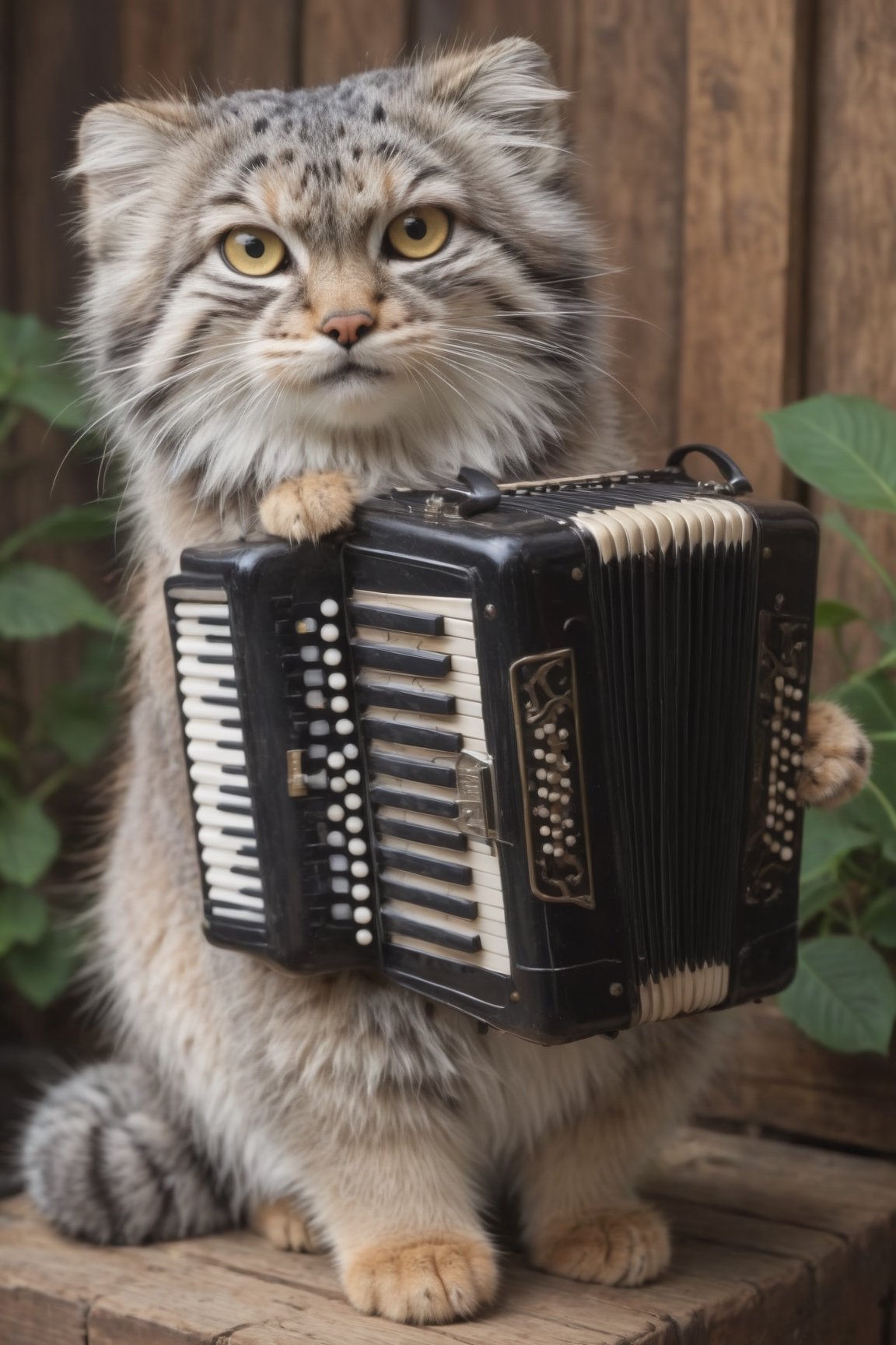 Pallas's cat, perched gracefully atop an accordion, its fluffy fur contrasting with the instrument's sleek surface. Despite the unconventional seat, the cat appears content and at ease, adding a touch of whimsy to the scene. As the accordion plays, blending with the rhythmic purring of the feline, they create a harmonious melody that captivates all who listen. In this enchanting moment, the Pallas's cat becomes a symbol of unexpected beauty and tranquility.", pallas‘s cat