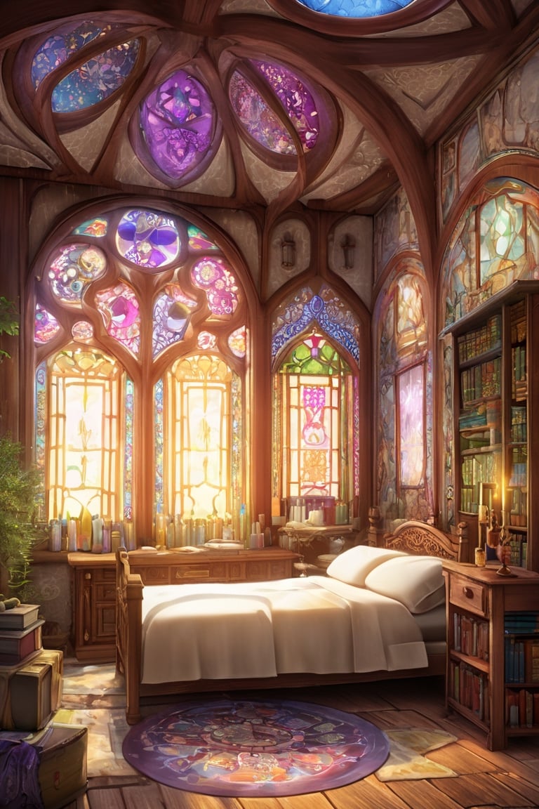 In a fantasy-style hospital room,  magic and practicality blend seamlessly. Intricate tapestries depicting mythical creatu...