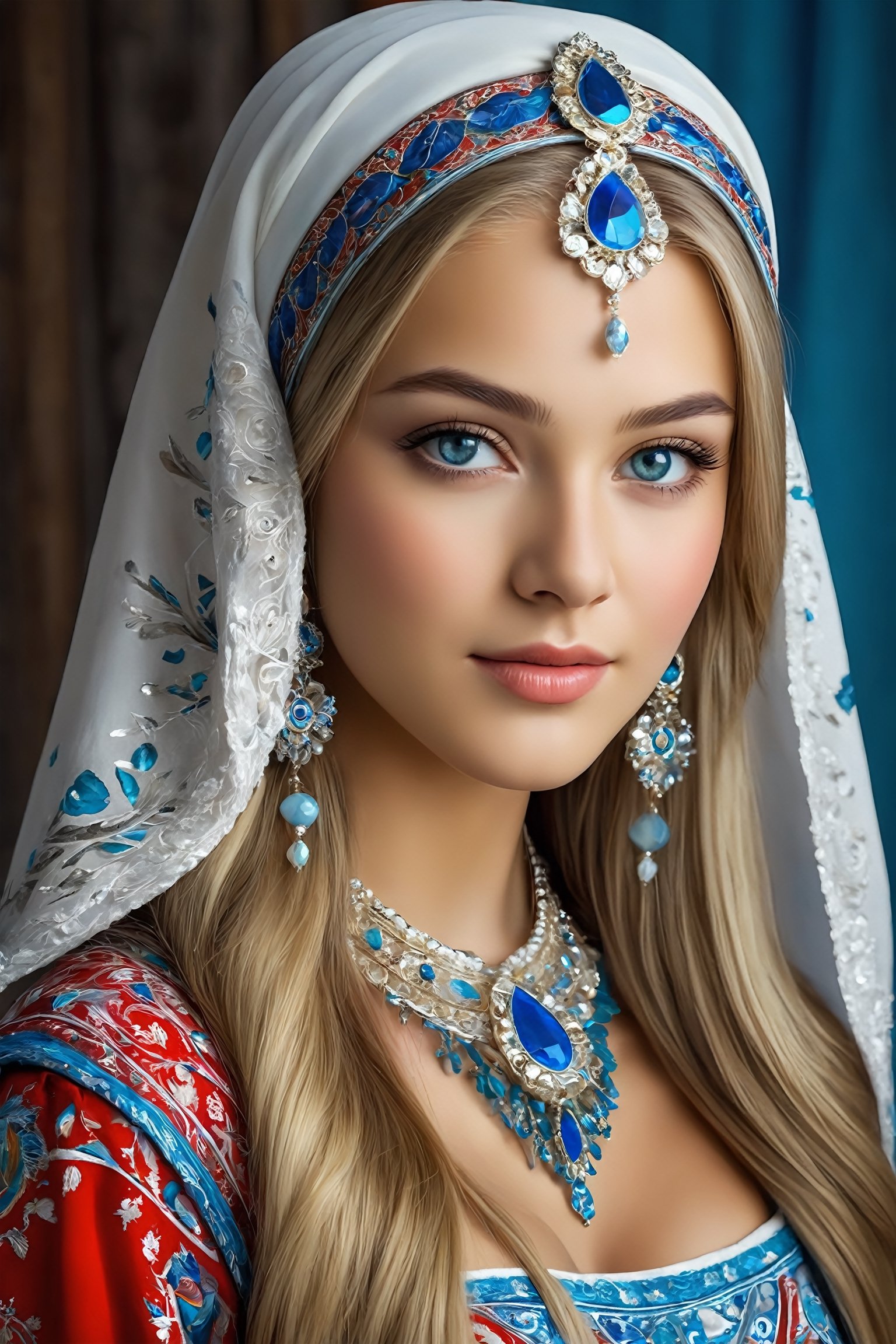 Beautiful Ukrainian girl,16 years old,A happy expression,Beautiful iris with high precision,blue eyes,Turkmenistan Chirpy,(Big breasts),(Deep cleavage),(long pure white hair),smooth hair,
Wearing traditional Turkmen wedding costumes intricately embroidered with delicate and beautiful patterns, characterized by bright colors and fine needlework, women wear headscarves and headdresses decorated with jewels and beads, adding elegance to their ensembles, earrings, necklaces, bracelets, and other accessories. accessories, red bottoms, and fur boots,Extremely Realistic