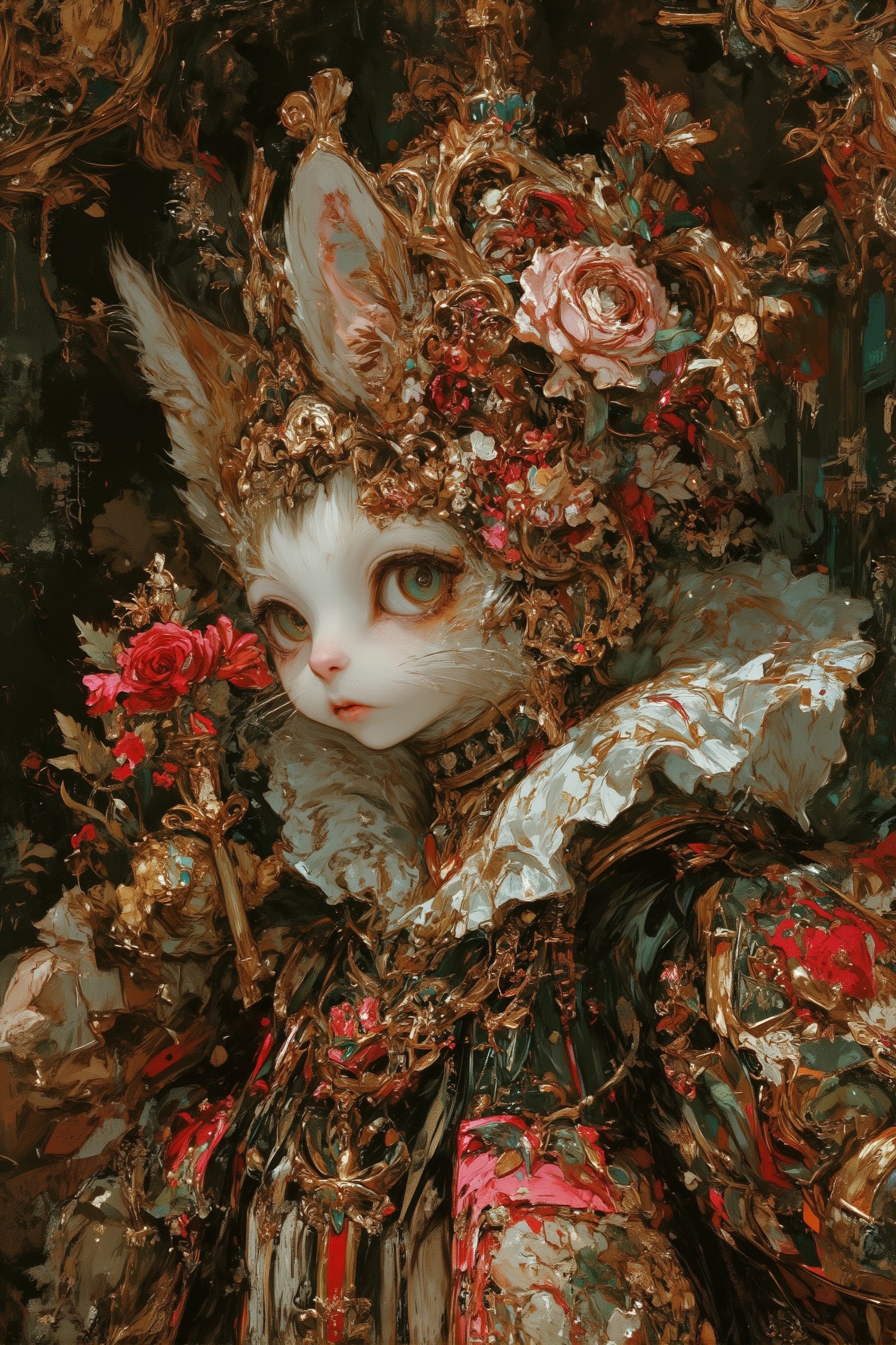 Hyper-realistic portrait of a regal cat in elaborate Gothic-Renaissance style attire, set against an ornate floral background,

Cat features:
- White fur with subtle tan markings on ears,
- Piercing green eyes, one partially covered by a mask,
- Pink nose and whiskers,

Headpiece:
- Intricate golden mask covering right eye, adorned with emerald and ruby gems,
- Ornate crown with pearls, golden leaves, and jewels,
- Large pink rose centerpiece,

Neck attire:
- Oversized white ruffled collar (Elizabethan style),
- Multiple strands of pearl necklaces,
- Golden pendant with floral design,

Clothing:
- Rich pink and green Renaissance-style gown,
- Lace and golden embroidery details,

Background:
- Lush, dark floral pattern with swirling designs,
- Predominantly green and pink hues, matching the cat's attire,
- Intricate, painterly style reminiscent of baroque textiles,

Overall mood: Opulent, whimsical, and slightly surreal, blending feline grace with historical fashion in a richly detailed composition.,lyh_niji,Surreal art