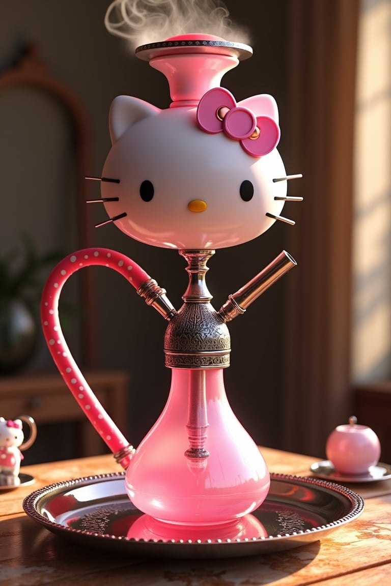 Photorealistic render of a Hello Kitty themed shisha (hookah). The base is shaped like Hello Kitty's head,  made of high-q...