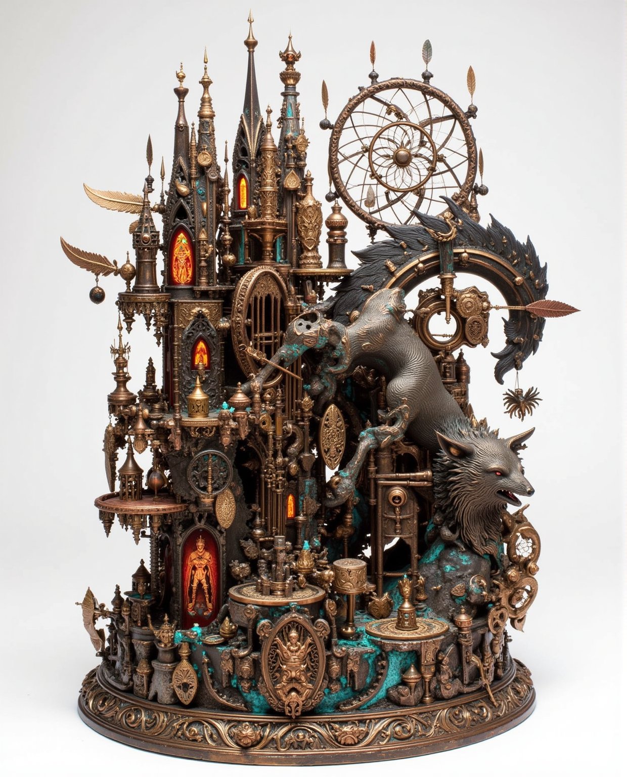intricate gothic sculpture in kris kuksi style,  mystical red fox spirit figure as centerpiece,  dark bronze and aged copp...