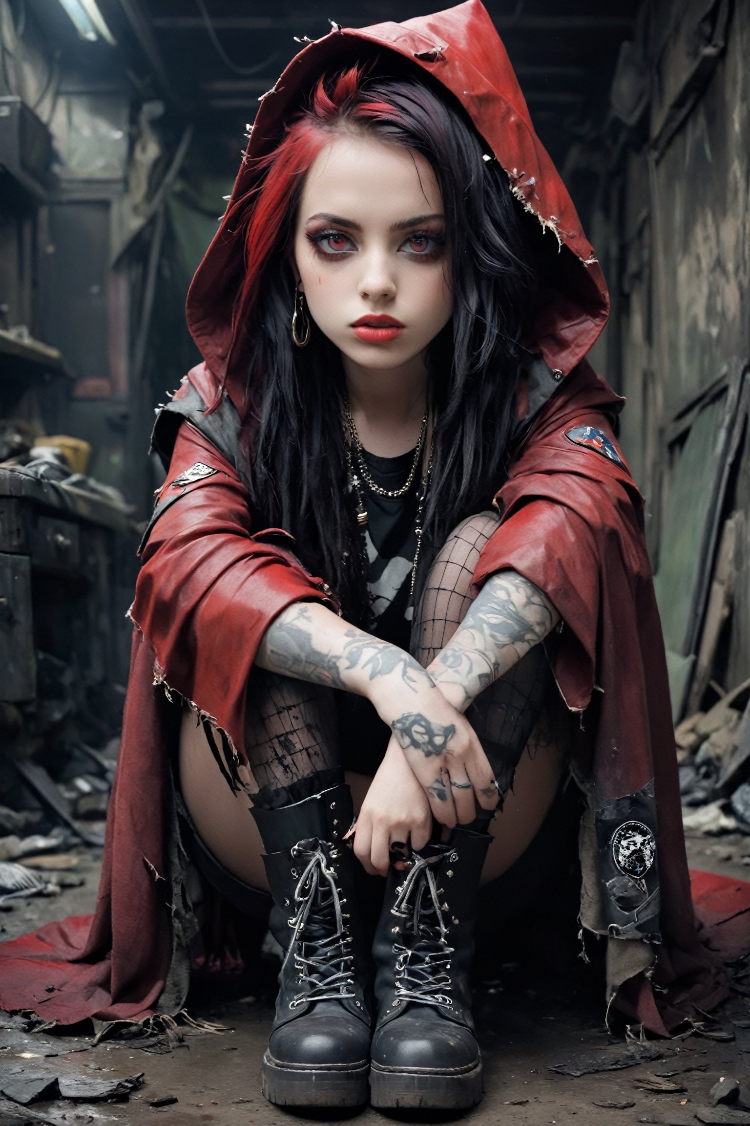 A punk rock rendition of Little Red Riding Hood emerges,14 years old, clad in a rebellious fusion of edgy fashion. Her signature red hooded cape is reimagined with torn, fishnet accents and adorned with punk-inspired patches and pins.Septum Piercing, more Coal, Ratty dreads, More patchs, Crust core, anti union flag design, dirty torn studded Spikes leather jacket, hardcore Punk Style jacket, lot Punk badge,military boots lace up her legs, contrasting with the vibrant crimson of her cape. ,rebevelin,dal,pink-emo