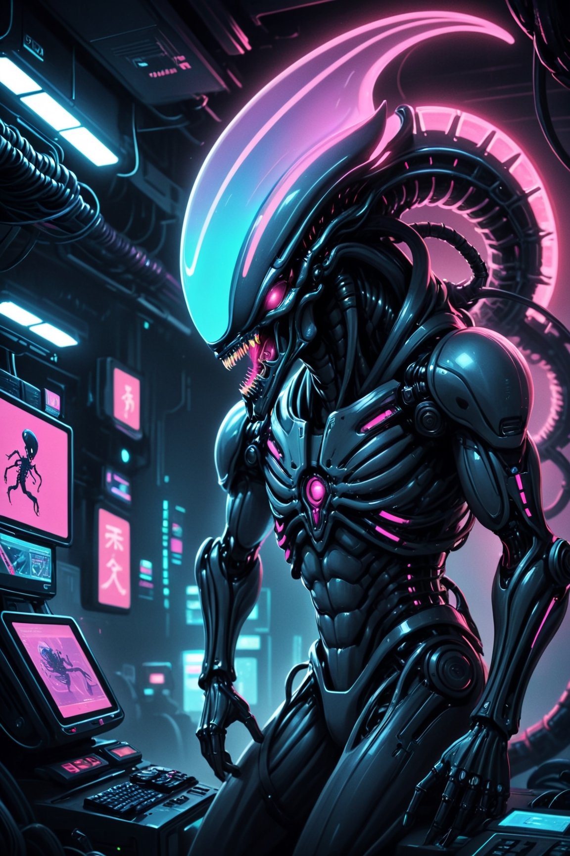 A cyberpunk-inspired Xenomorph,  The iconic extraterrestrial creature from the Alien franchise takes on a futuristic,  cyb...