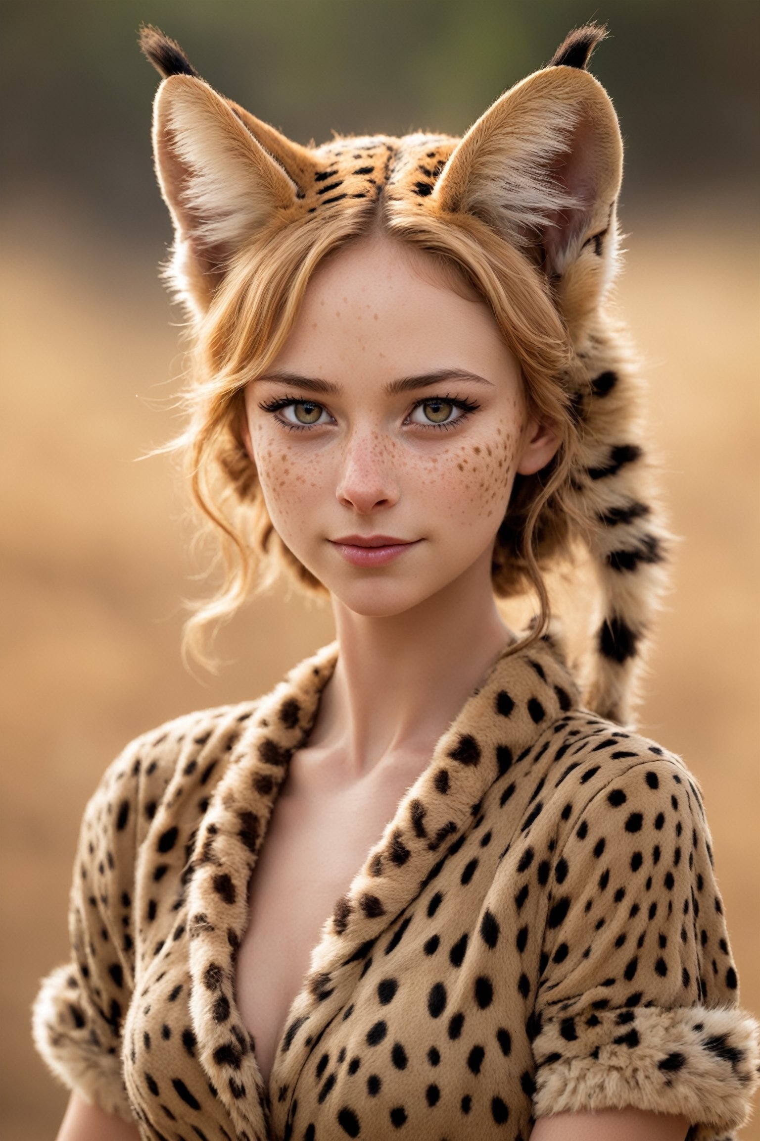  personified serval cat girl,freckles,Large Breasts, embodying the grace, curiosity, and independence of her feline counterpart. With soft, spotted fur and expressive eyes, she captivates with her playful charm and alertness. Adorned in a whimsical ensemble inspired by the African savannah, she exudes a blend of wild beauty and human-like personality,catgirl