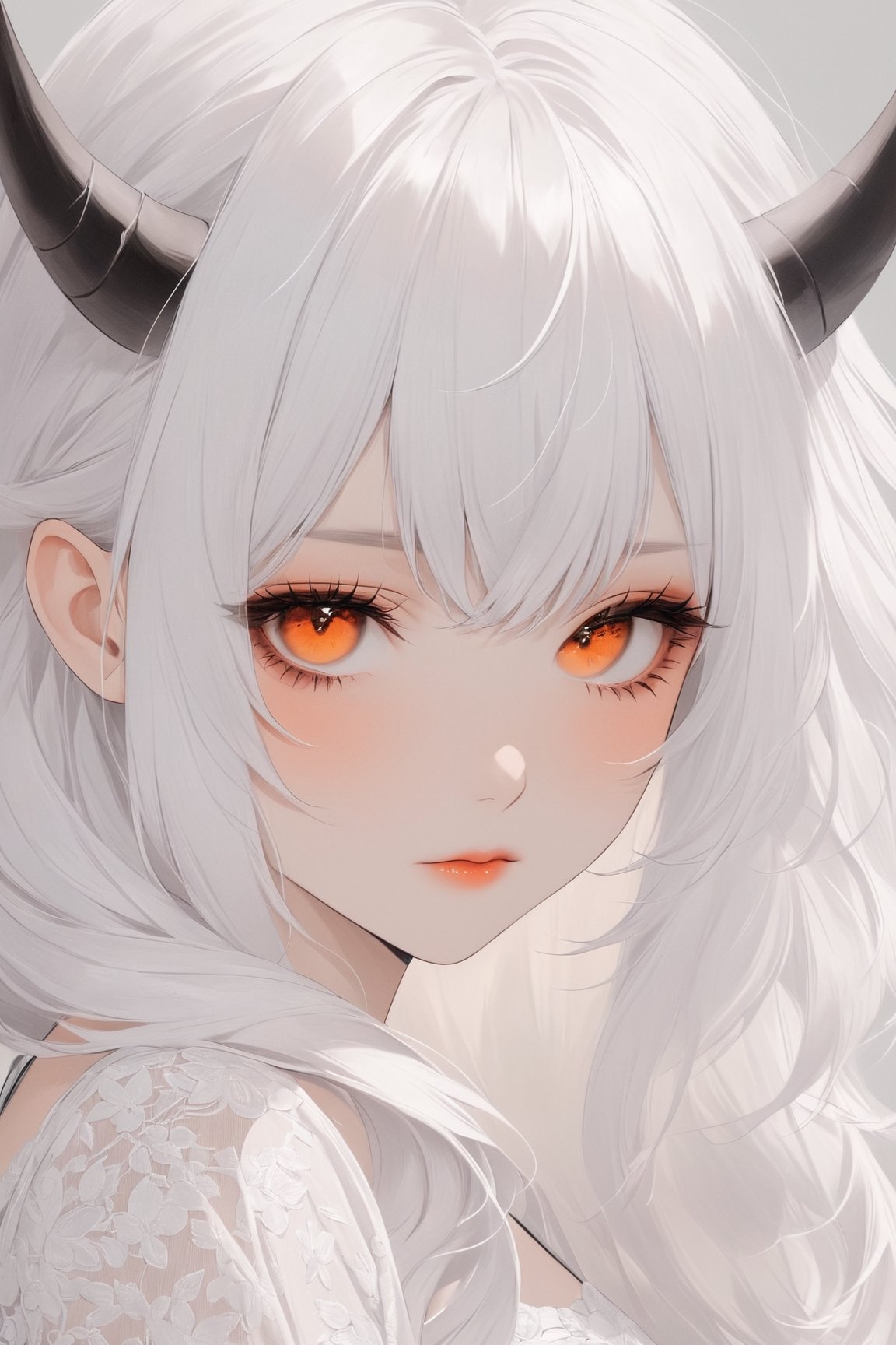 1 girl, albino demon girl, with lethargic sleepy smokey eyes,white eyelashes,((orange slit pupil eyes)),mesh fishnet blouse,pure White long dress, (long intricate horns:1.2) ,pink-emo