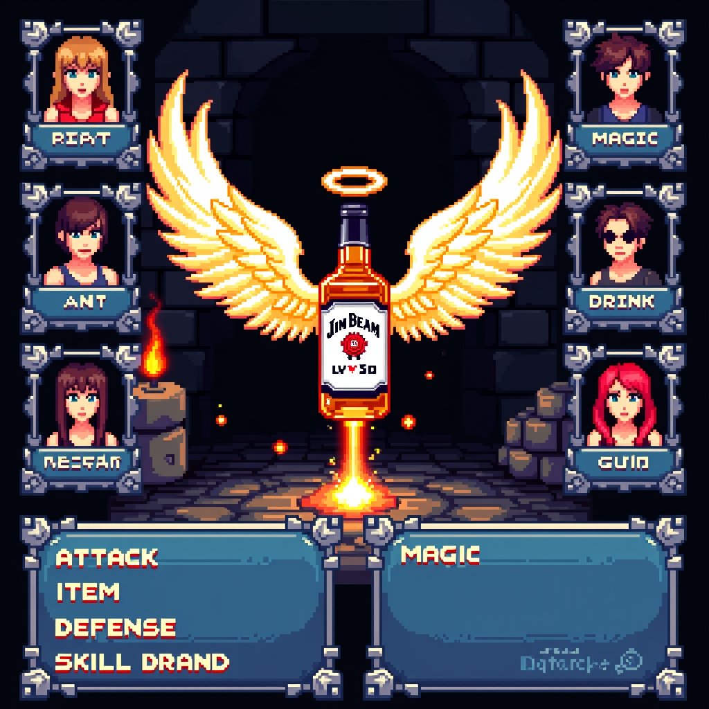 A retro-style RPG battle screen with pixelated 16-bit graphics,  featuring a floating Jim Beam bottle boss enemy with maje...