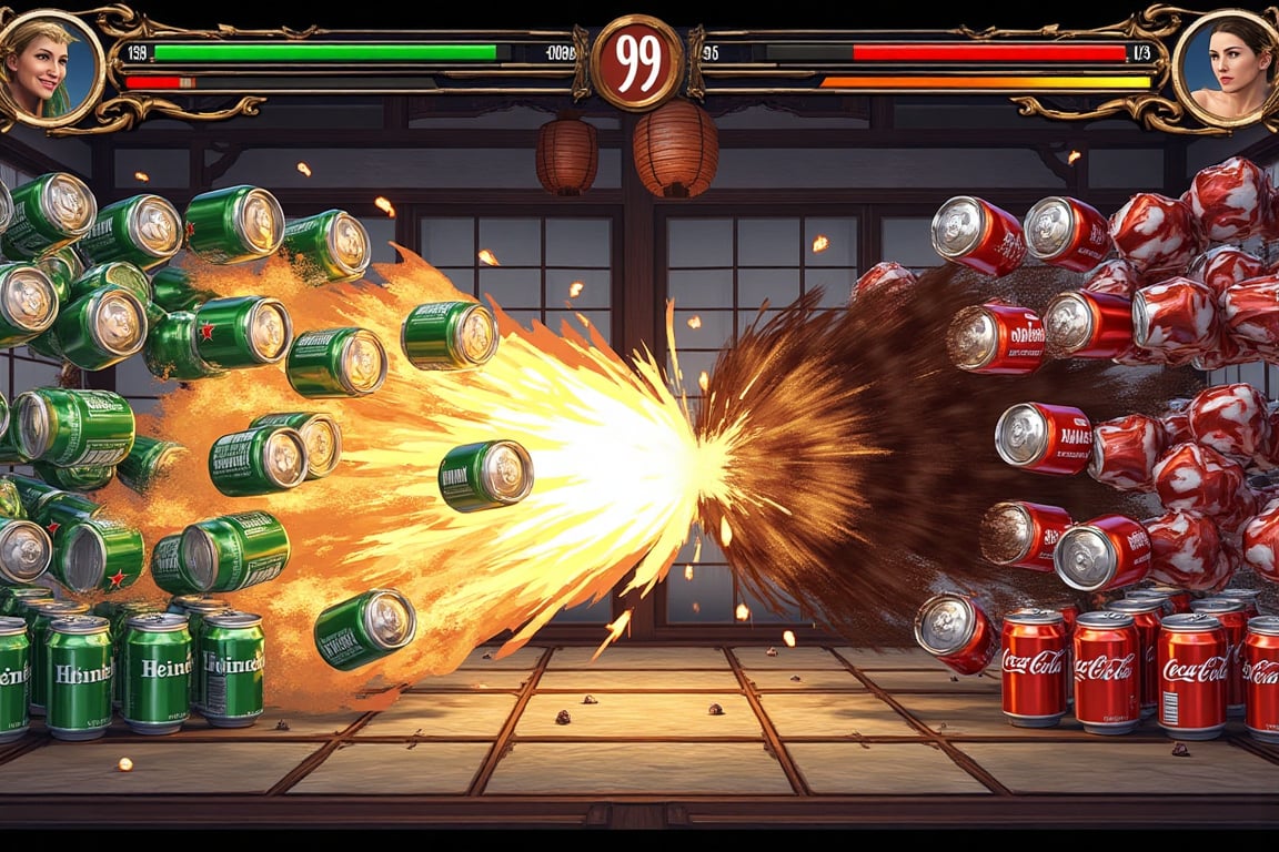 A pixel art style fighting game screen layout,, epic battle scene. Left side: an army of Heineken beer cans in formation, metallic green aluminum cans with iconic red star logo, some cans floating and rotating, creating a wave-like attack pattern. Right side: multiple classic Coca-Cola cans in defensive stance, red aluminum cans with white wave design clearly visible. HUD elements: green health bars top screen, yellow super meter bars, center timer showing "99". Dynamic special attack scene: Heineken cans unleashing a massive wave of golden beer spray with foam effects, bubbles, and light refraction. Coca-Cola cans retaliating with a swirling tornado of dark cola liquid, creating splash effects and carbonation bubbles. Set in traditional Japanese room: tatami mats, shoji screens, wooden beams, paper lanterns. Visual effects: liquid physics, carbonation particles, metallic reflections on can surfaces, dynamic lighting on liquid sprays. Many cans in motion blur showing rapid movement, creating geometric attack formations. Background elements: some damaged shoji screens from battle impact, flickering lantern lights casting dynamic shadows. Pixel art style similar to Metal Slug games, detailed liquid and metal textures. Both brands' logos and designs clearly visible on cans. Environmental interaction: puddles of beer and cola on tatami, floating droplets, foam effects. Multiple layers of cans creating depth in battle scene.,fighting game UI PC VERSION "VS" fight